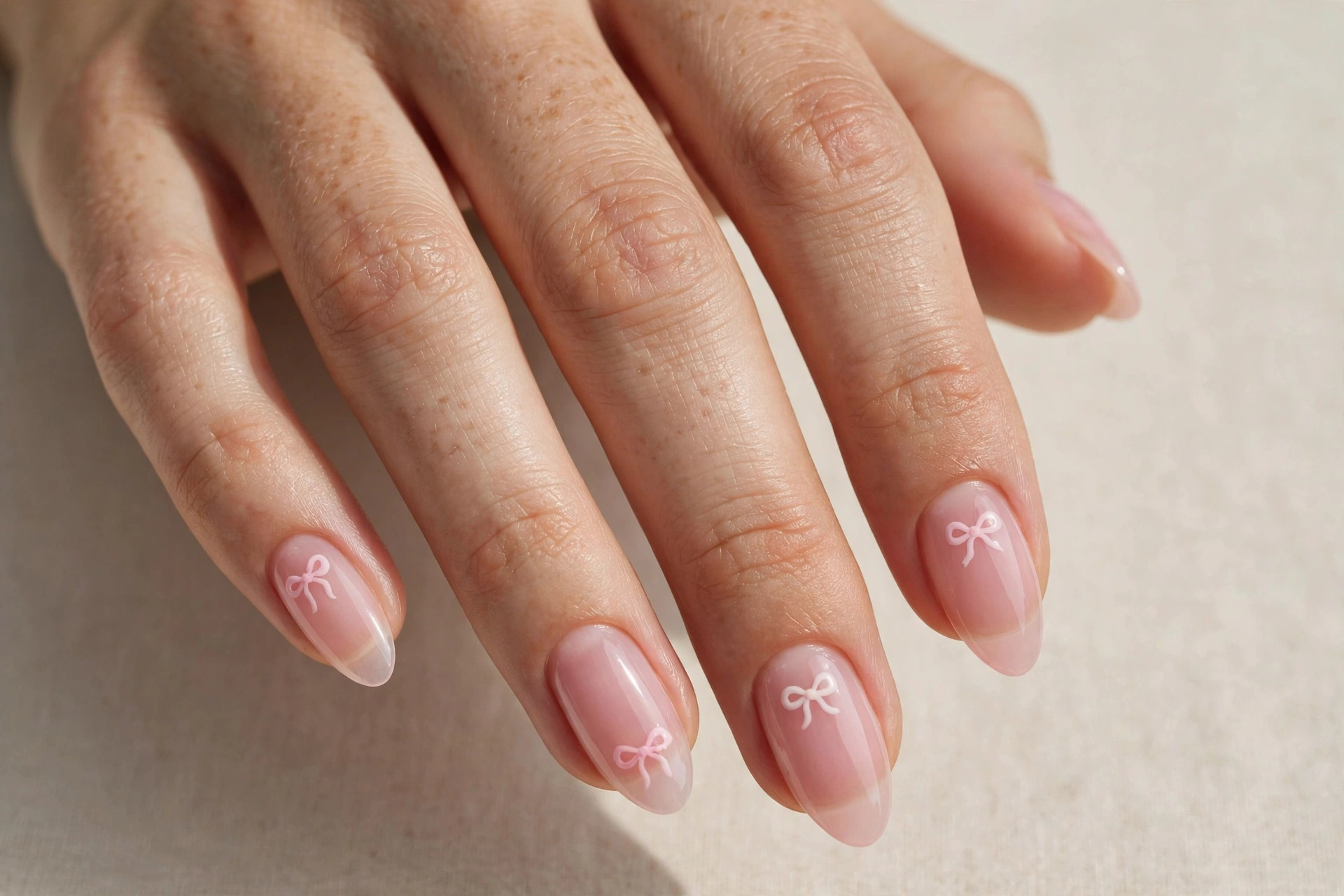 Close-up of sheer pink manicure with tiny hand-painted bow accents on almond shaped nails