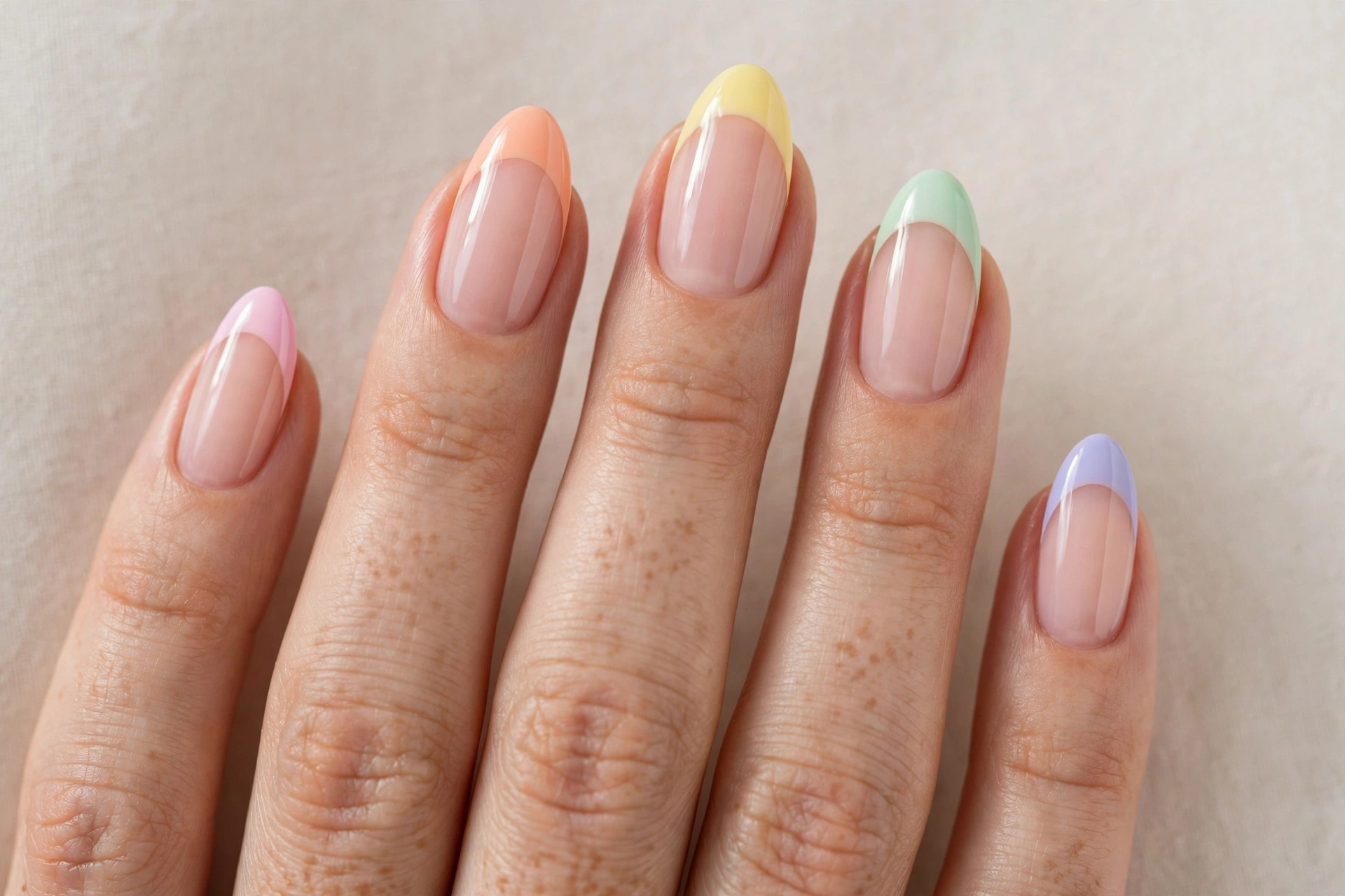 Close-up of pastel rainbow french tip manicure in different soft colors on each nail on almond shaped nails