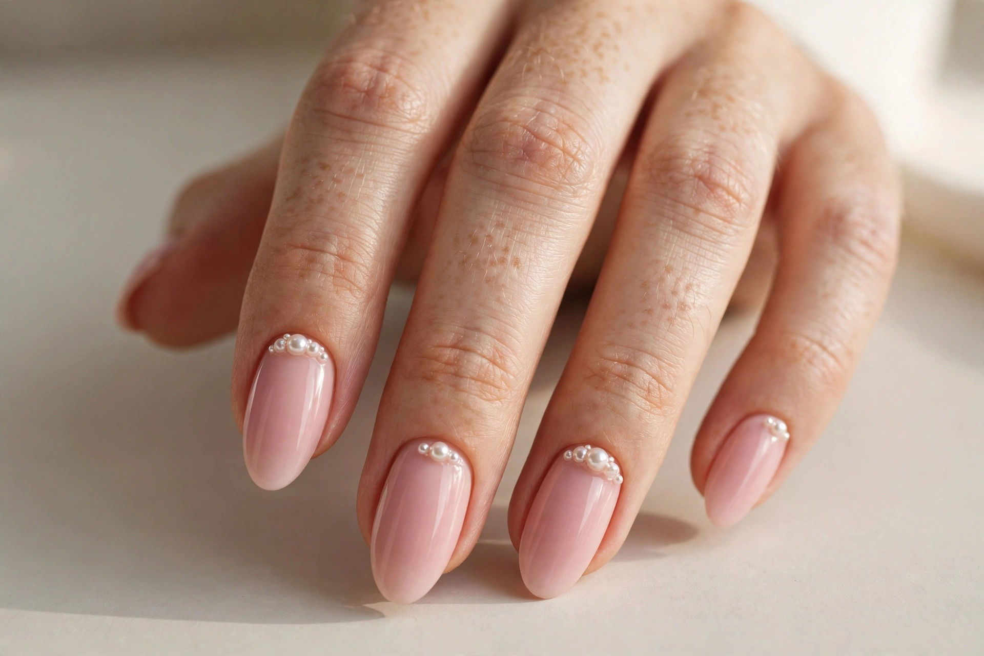 Close-up of blush pink manicure with tiny pearl accents near the cuticle on almond shaped nails