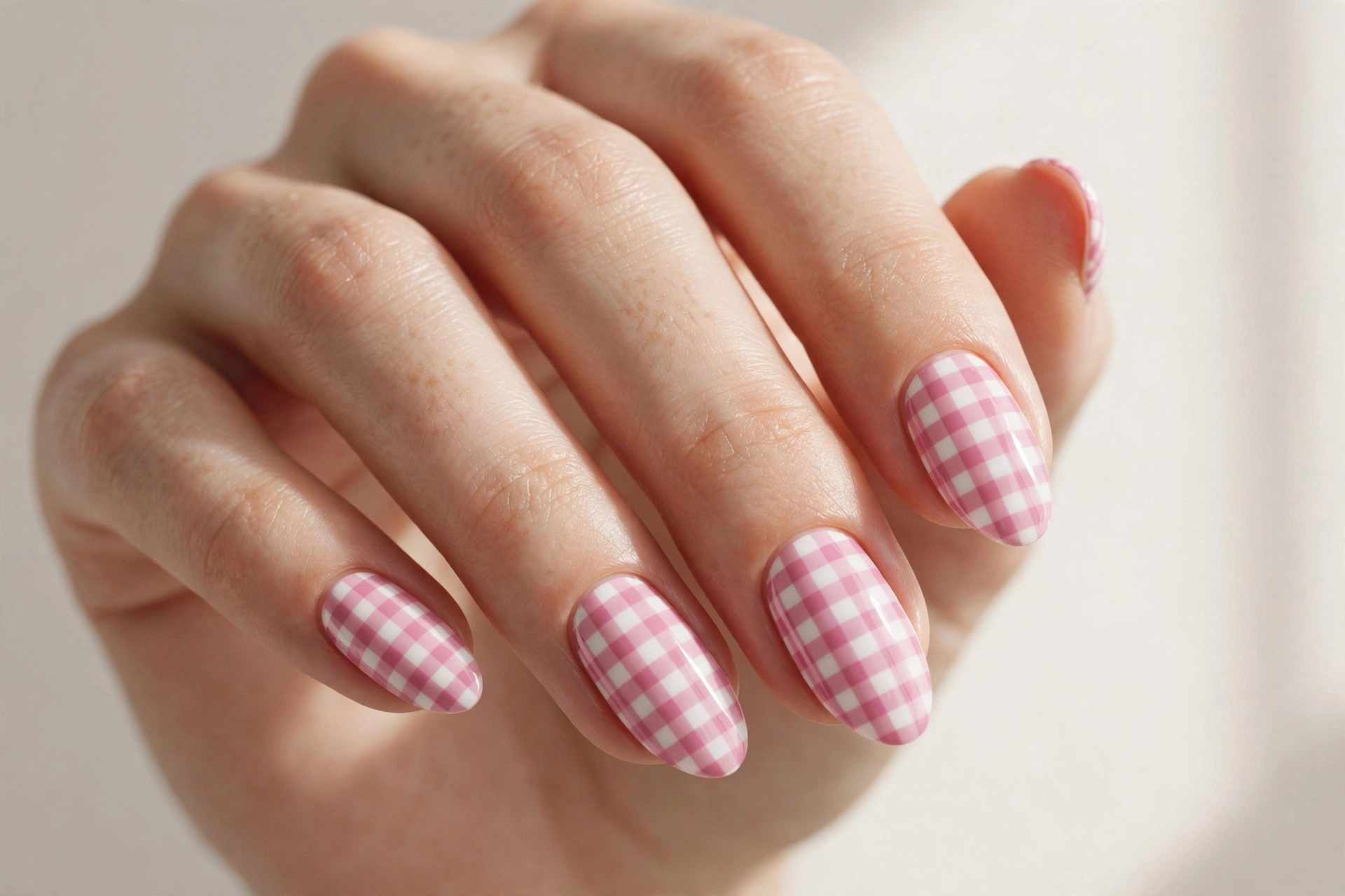 Close-up of pink and white gingham check pattern nail art manicure on almond shaped nails