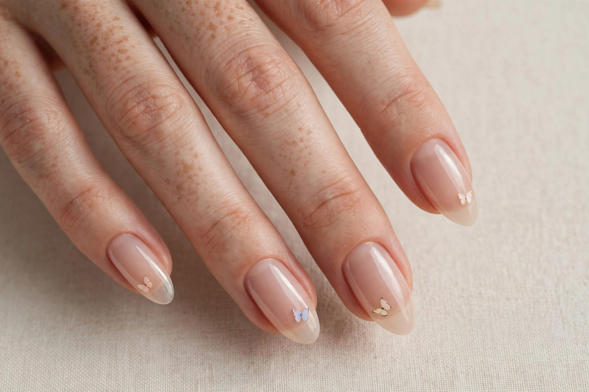 Close-up of sheer nude manicure with tiny butterfly nail decals on almond shaped nails