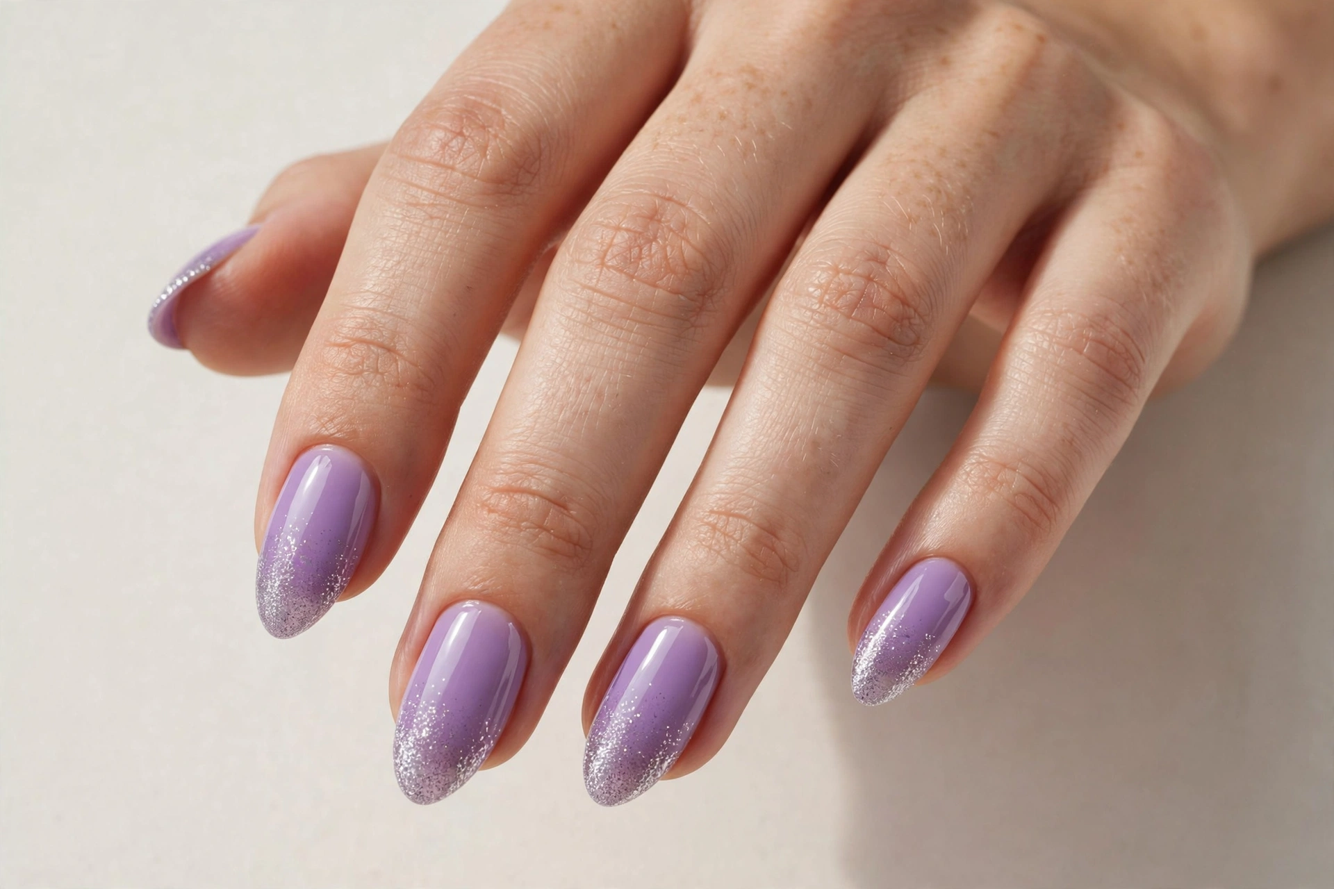 Close-up of lilac purple manicure with silver glitter fade at the tips on almond shaped nails