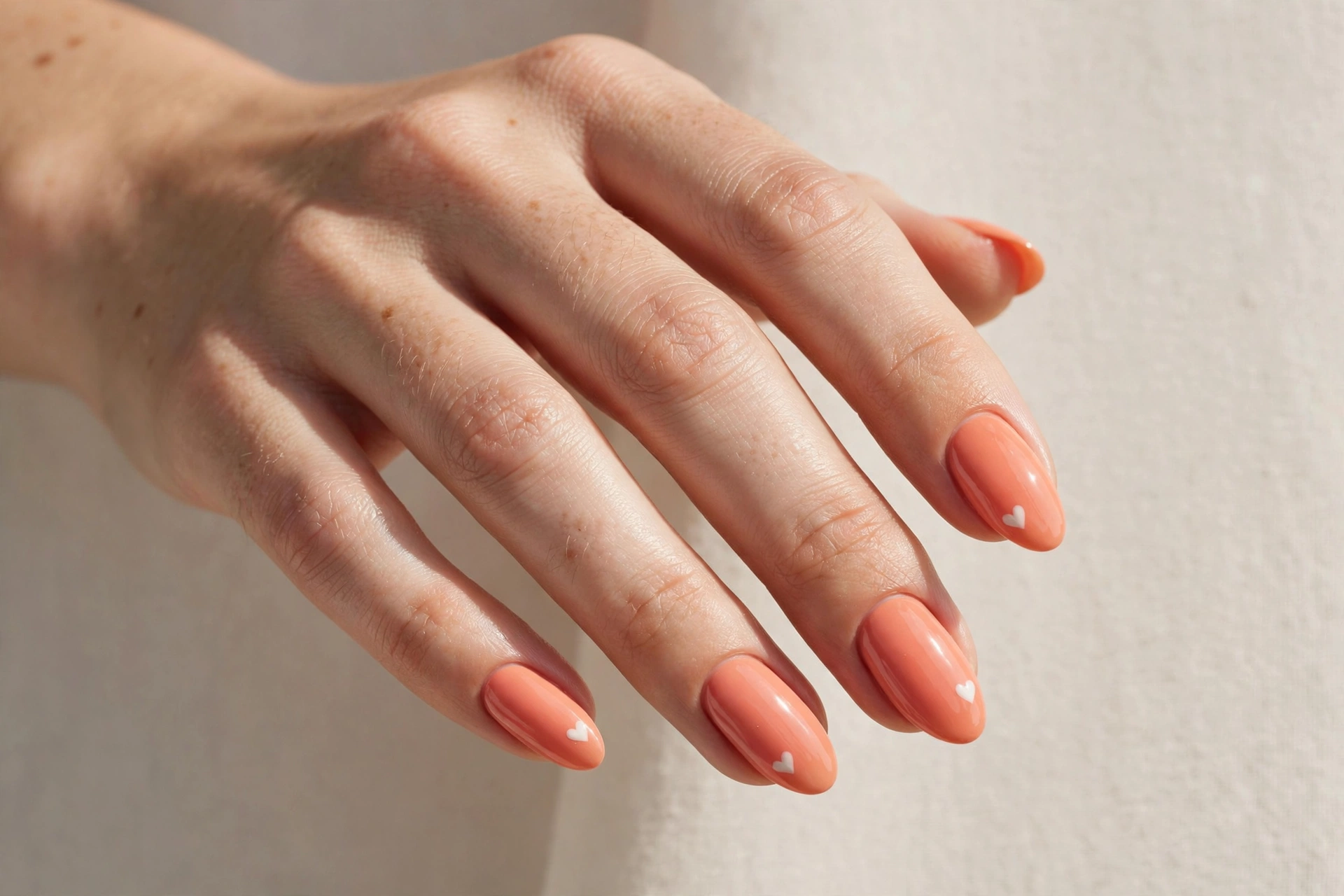 Close-up of peachy coral manicure with tiny white heart nail art on almond shaped nails