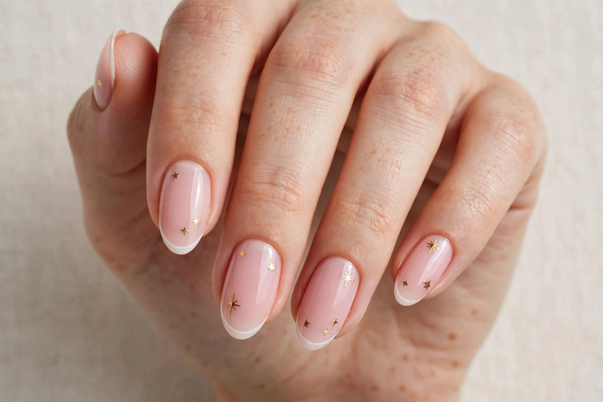 Close-up of baby pink manicure with white micro french tips and tiny gold star accents on almond shaped nails