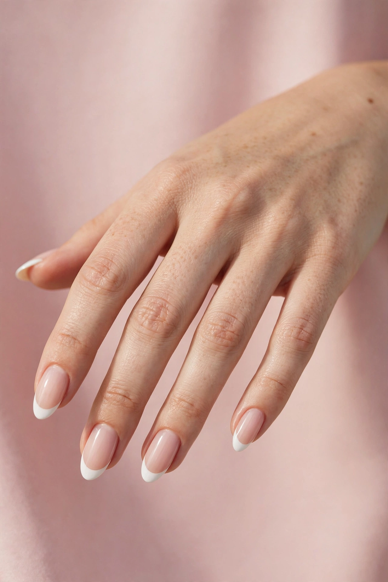 Classic white French tip manicure on almond shaped nails
