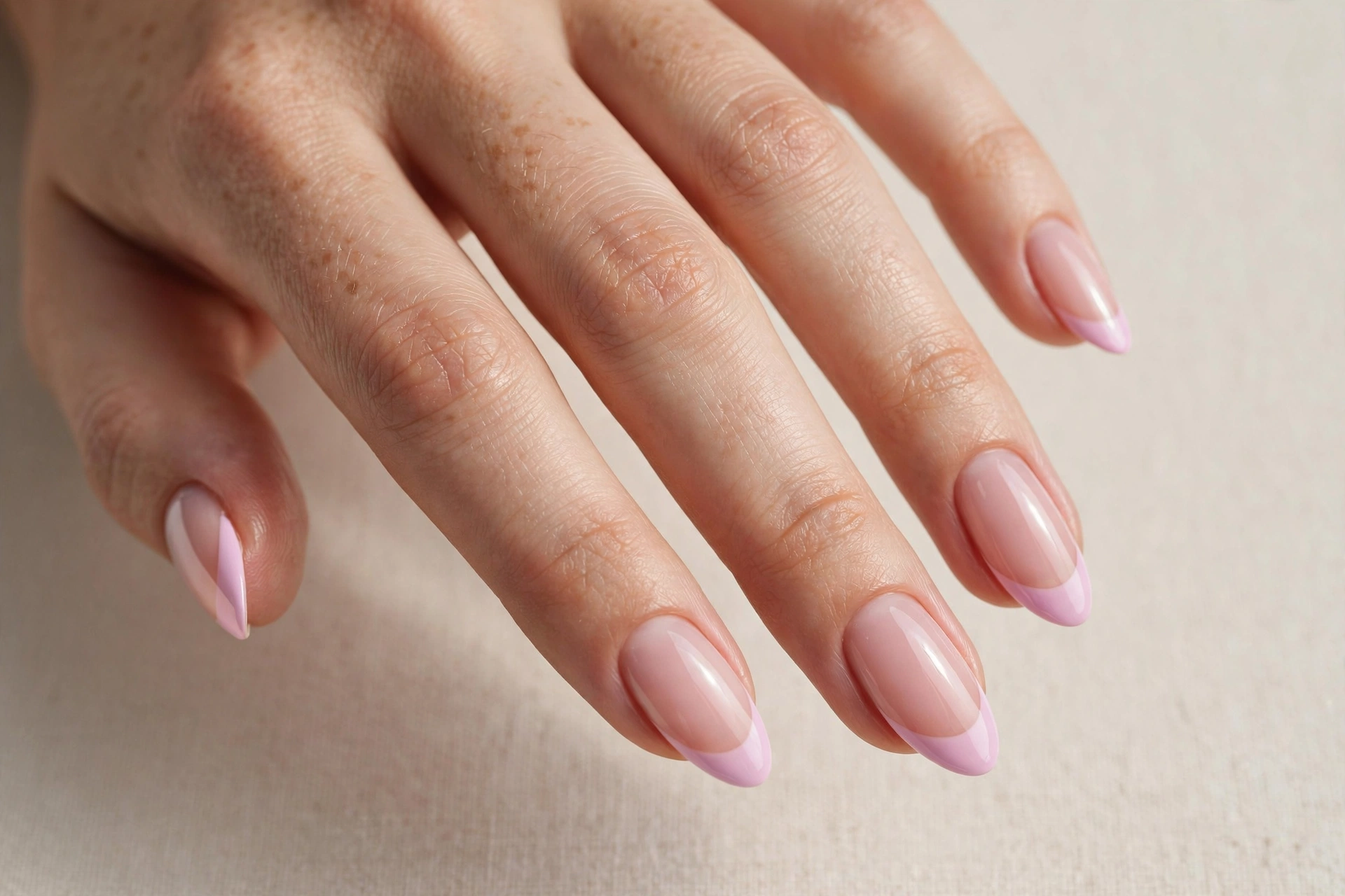 Baby pink heart-shaped French tips on almond nails