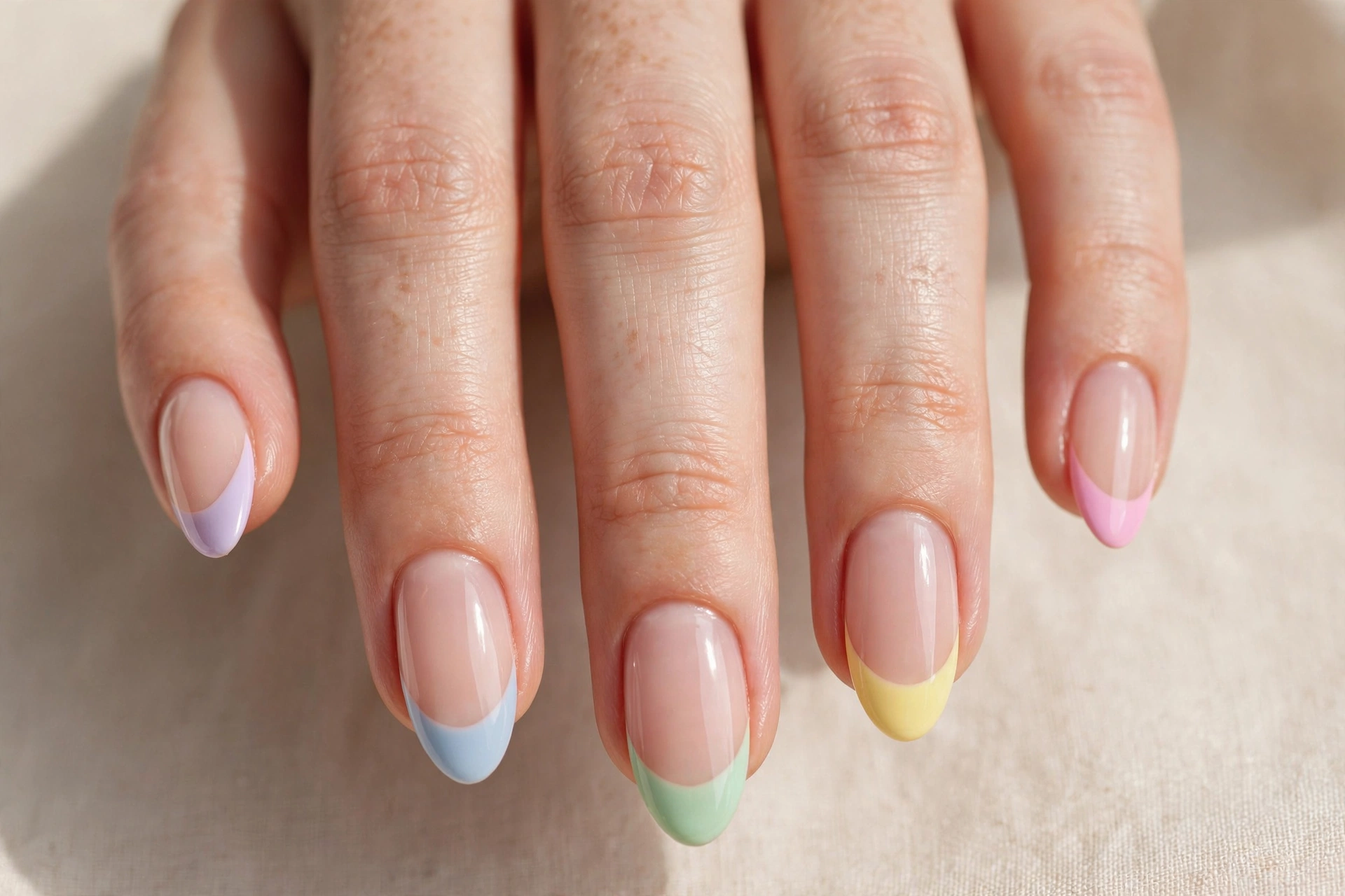Black French tip manicure on almond shaped nails