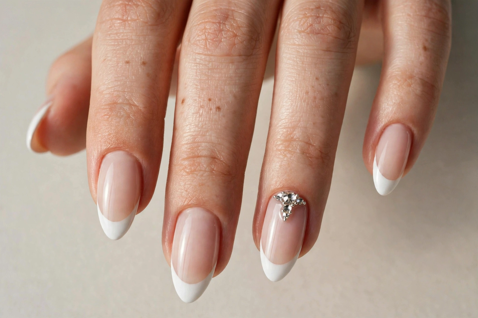 Micro French manicure with very thin white tips on nude base