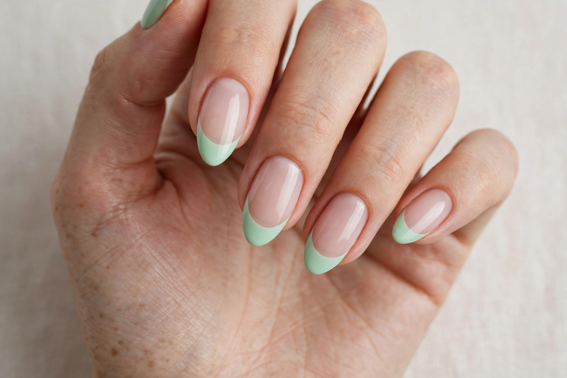 Mint green French tip manicure on almond nails