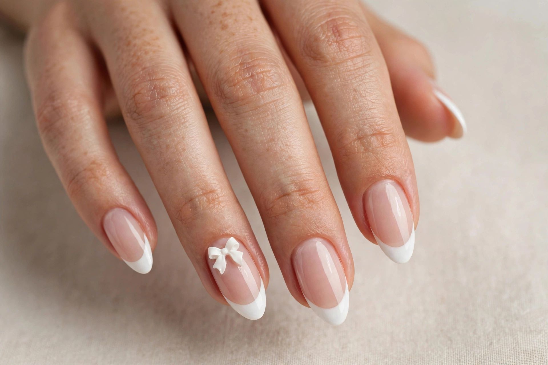 Pink to white ombre French manicure on almond nails