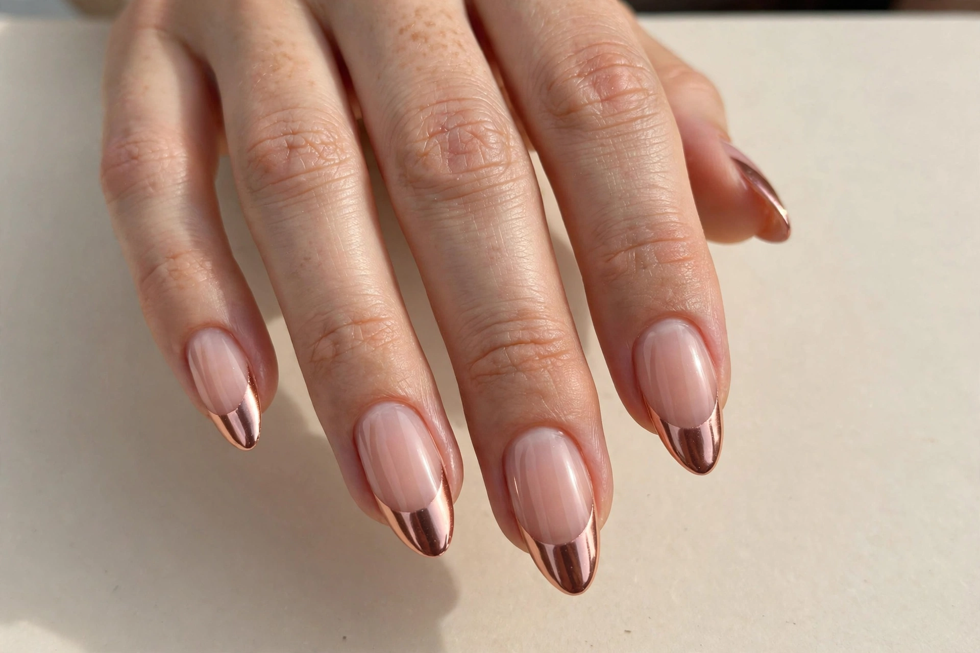 Rose gold chrome French tip manicure on almond nails