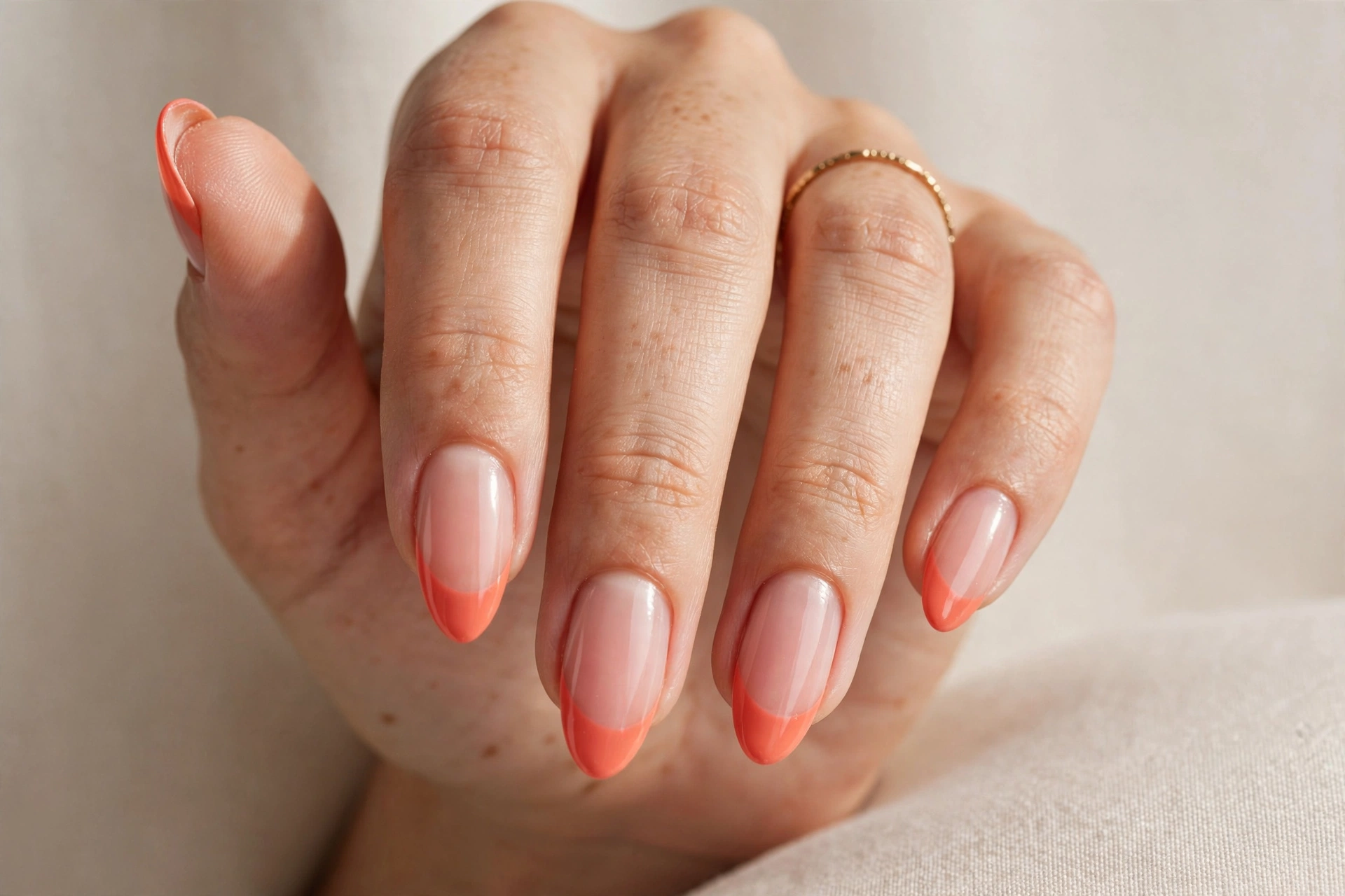 Milky white sheer French manicure on almond nails