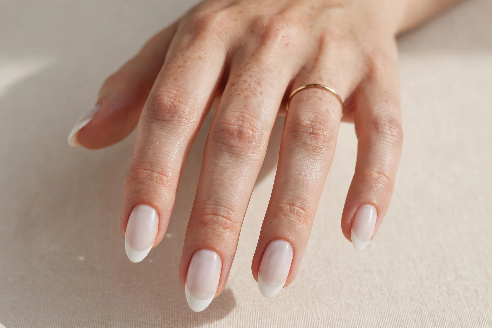 White French tips with small pearl accents along the smile line