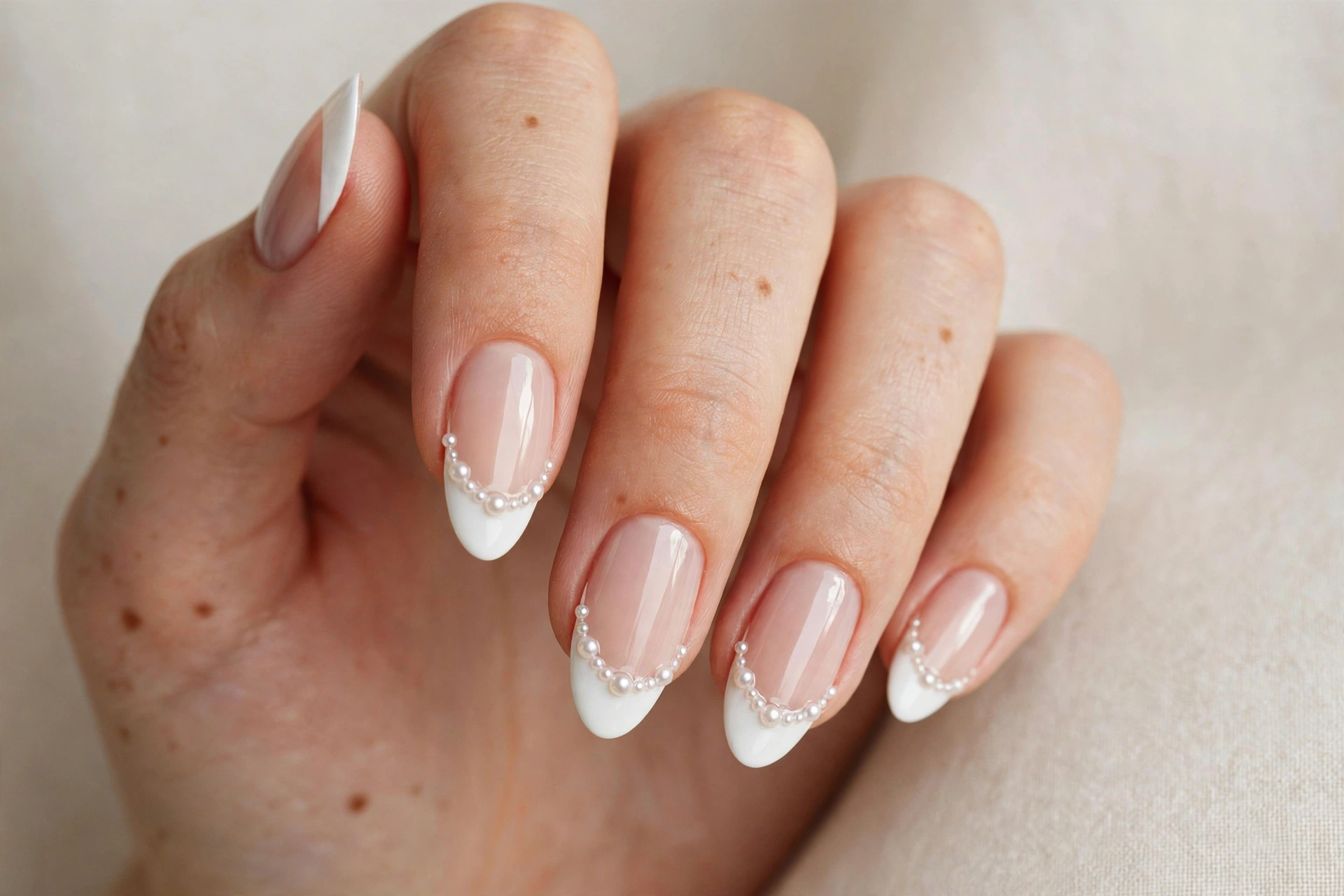 Coral French tip manicure on almond nails