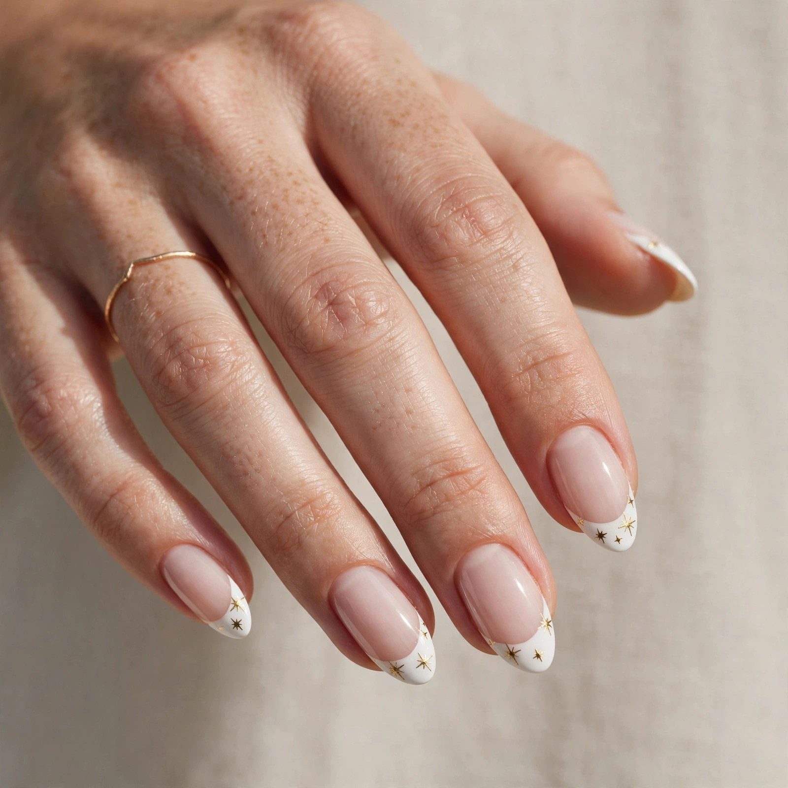 Chocolate brown French tip manicure on almond nails