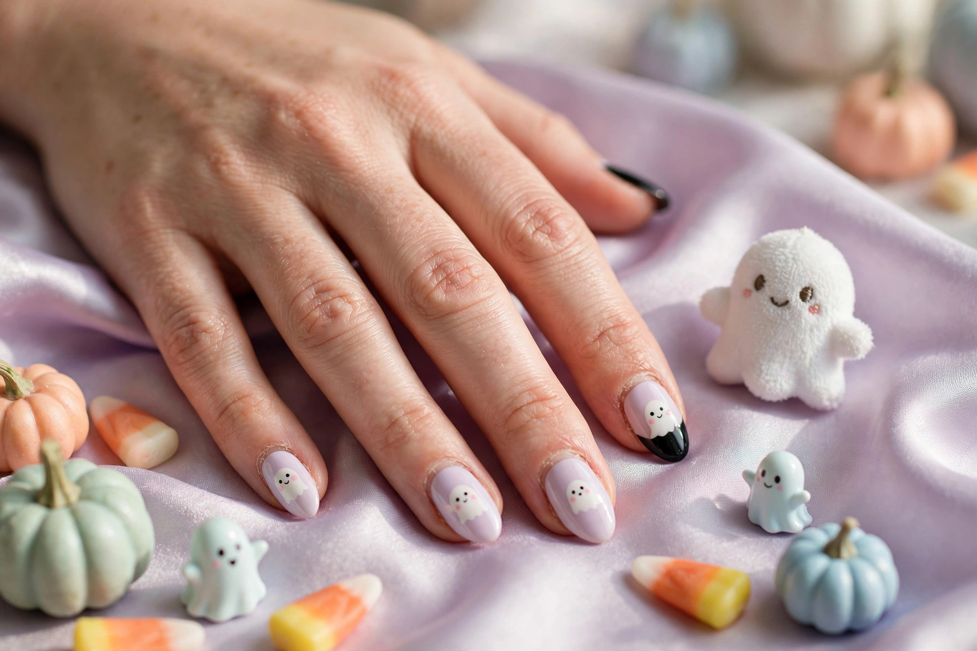 Pastel ghost parade cute Halloween nail designs with tiny white ghost faces on lilac nails