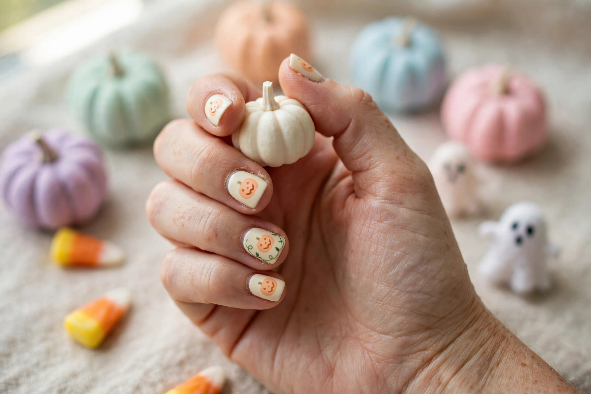 Smiling pumpkin faces cute Halloween nail designs in pastel orange on cream nails