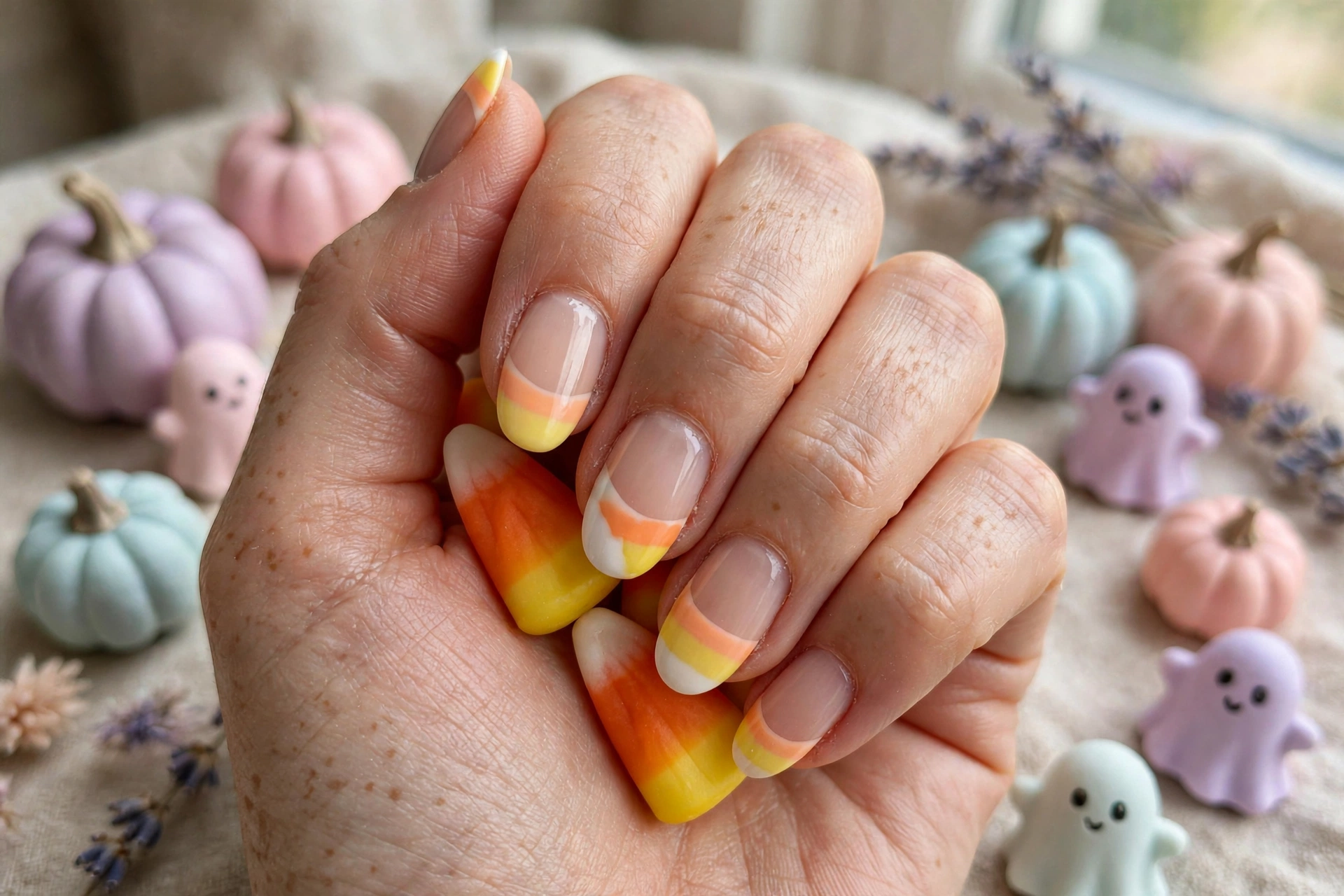 Candy corn tips cute Halloween nail designs with French tip candy corn nail art