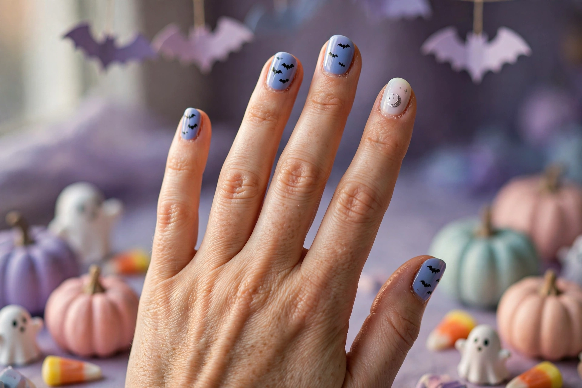 Friendly bat silhouettes cute Halloween nail designs on periwinkle blue nails