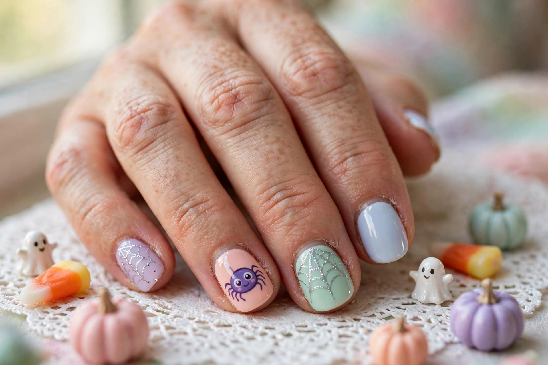 Cute spider and web Halloween nail designs with silver glitter web on pink nails