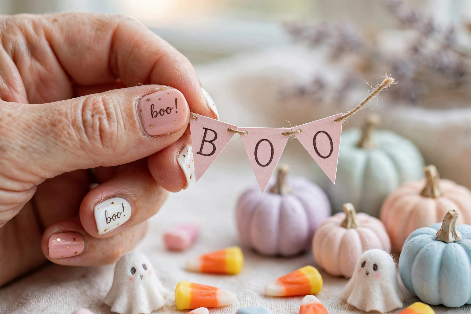 Pink boo lettering cute Halloween nail designs with handwritten boo script on pink and white nails