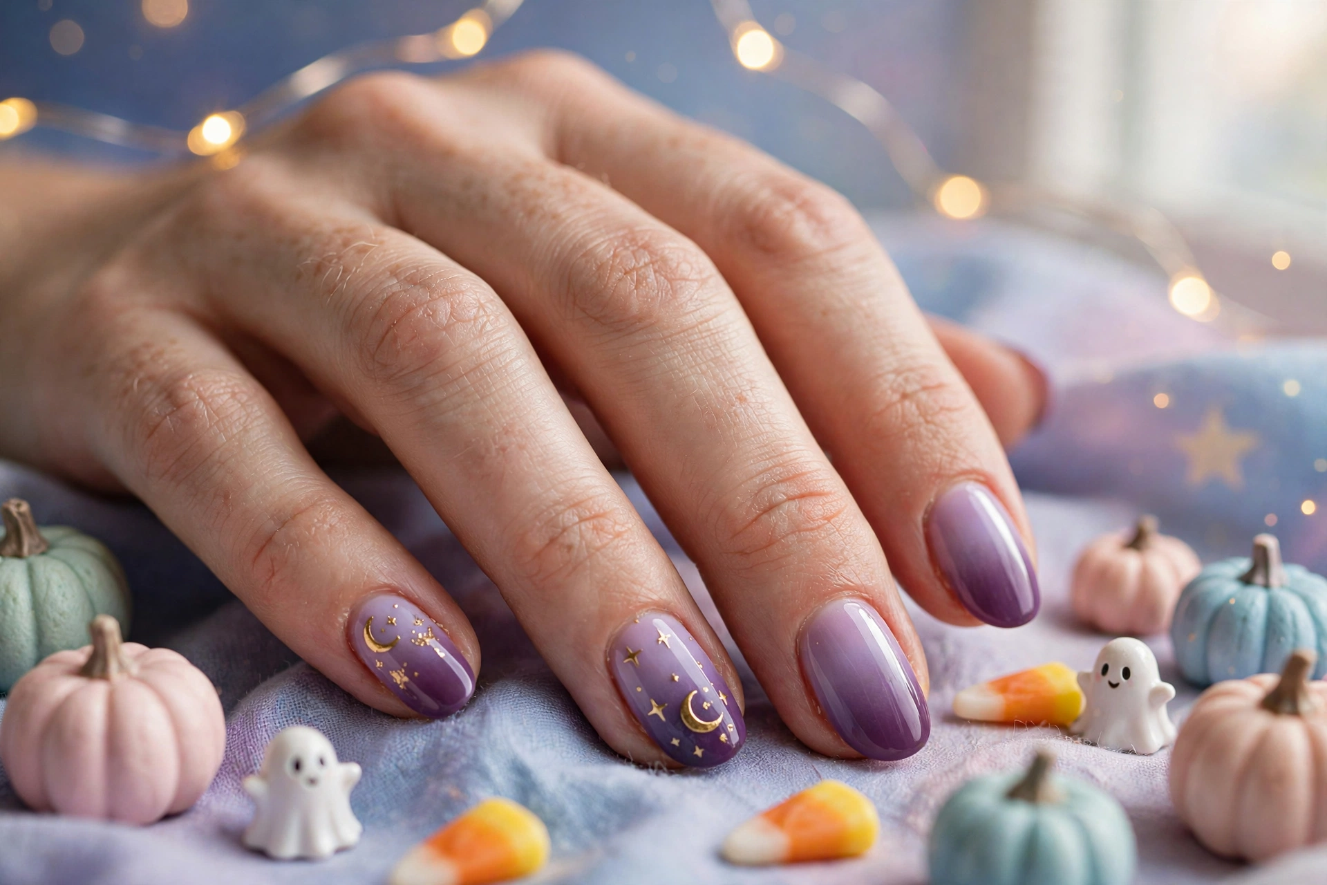 Moonlit purple ombre cute Halloween nail designs with gold crescent moon and stars