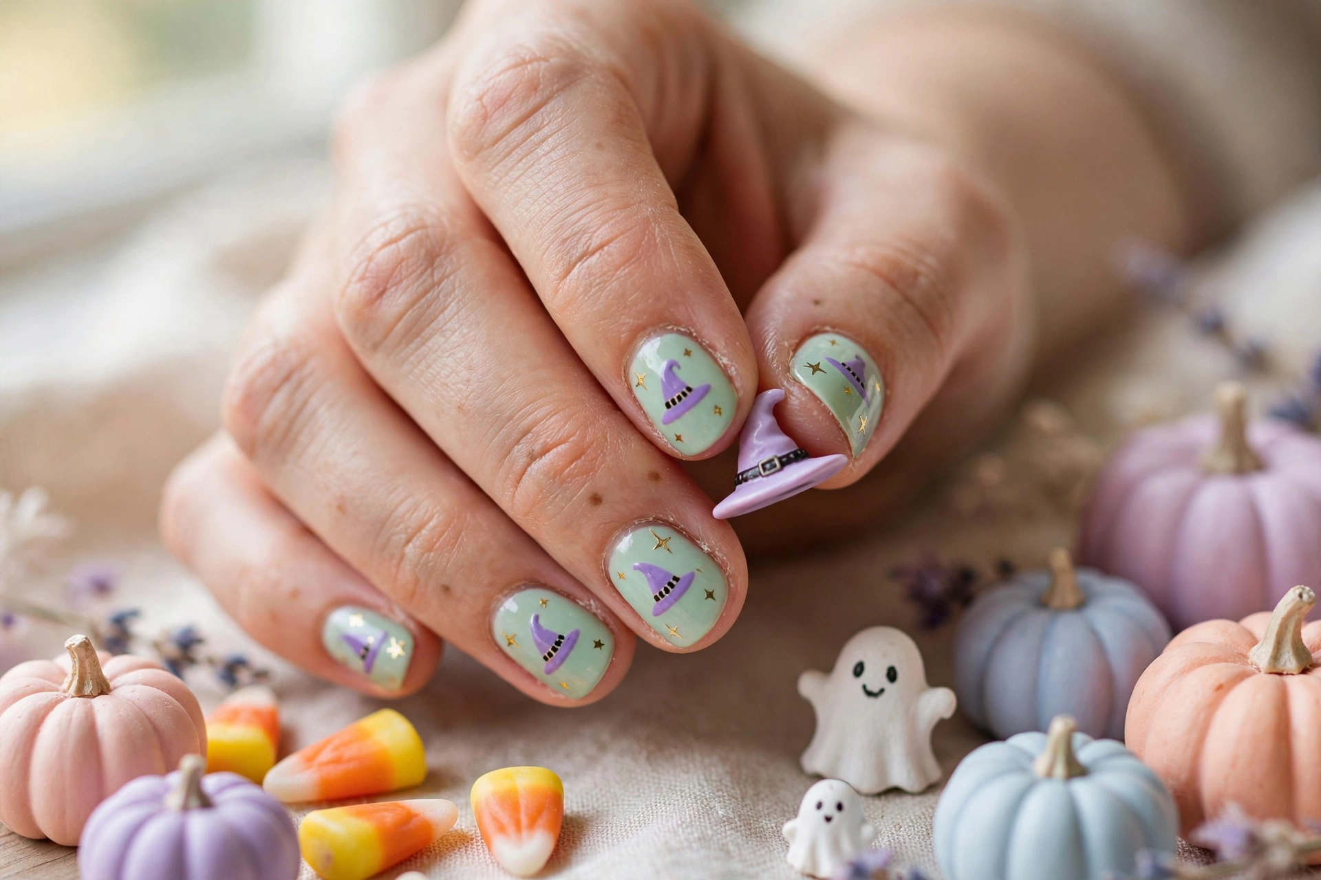 Tiny witch hats cute Halloween nail designs with purple hats on mint green nails