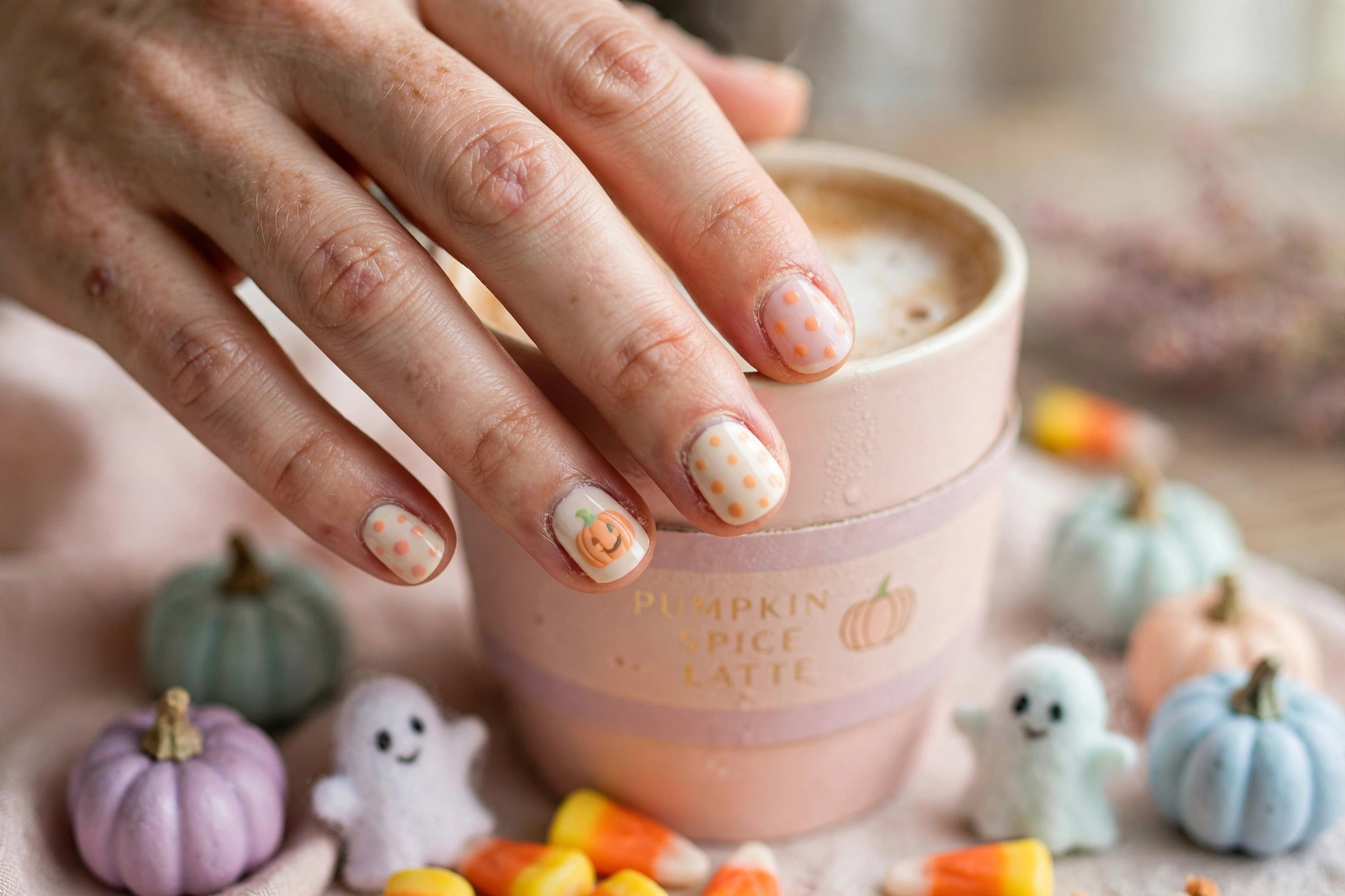 Pumpkin polka dots cute Halloween nail designs with orange dots on cream nails