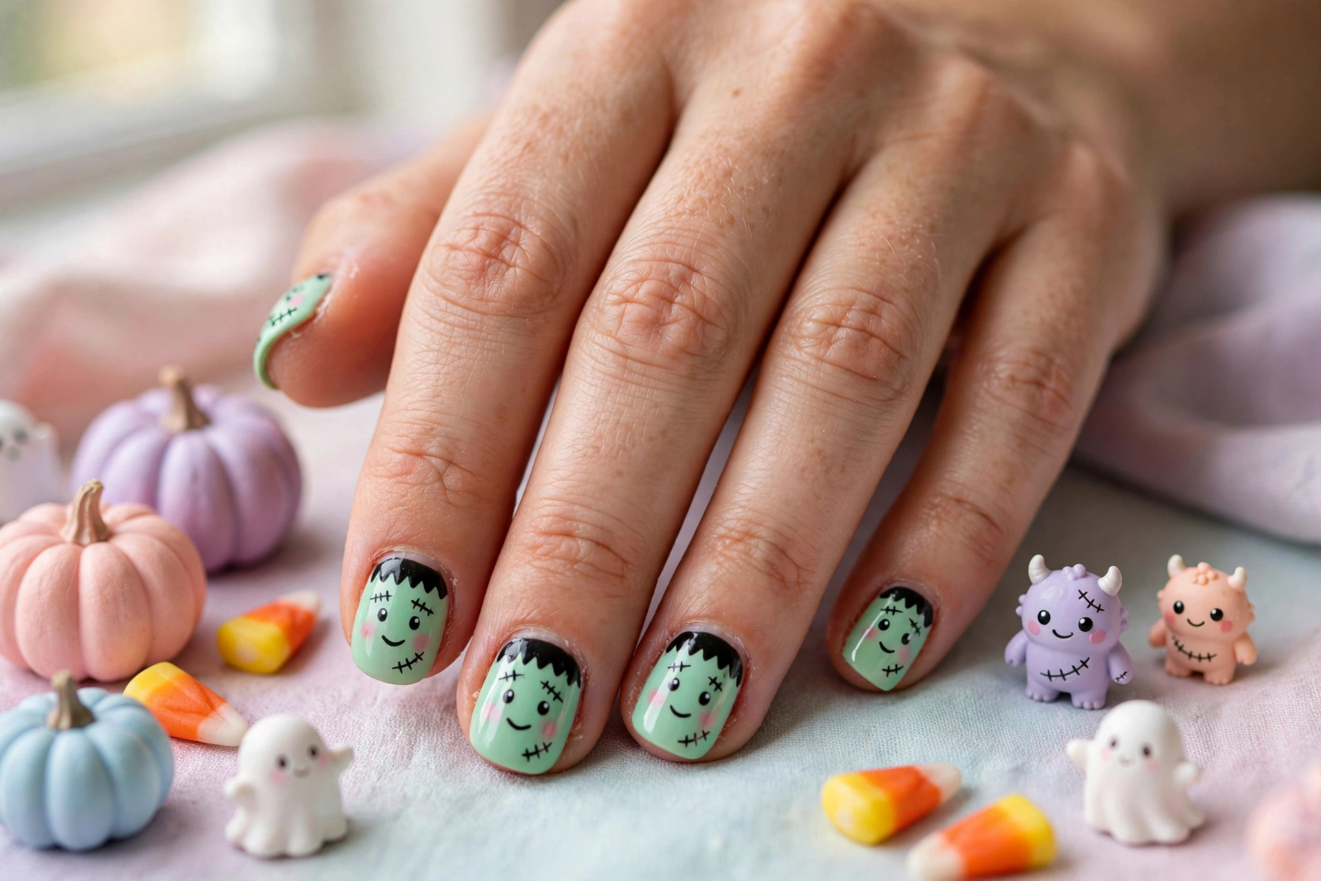 Frankenstein cuties cute Halloween nail designs with friendly monster faces on mint nails
