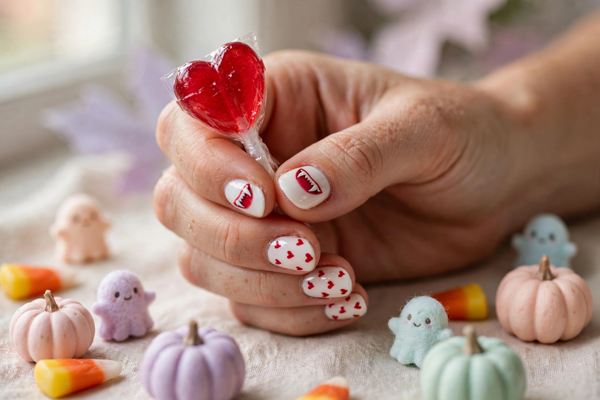 Vampire fangs and hearts cute Halloween nail designs with red fangs on white nails