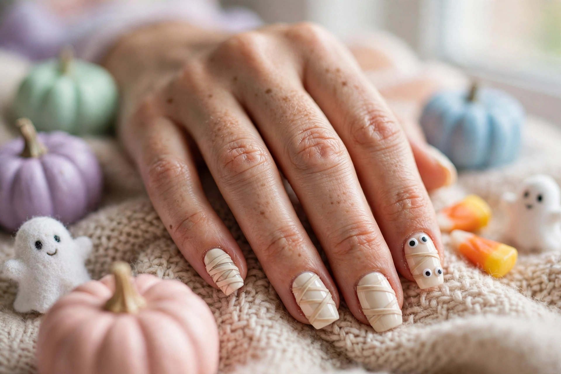 Mummy wrap cute Halloween nail designs with beige wrap lines and googly eyes on cream nails