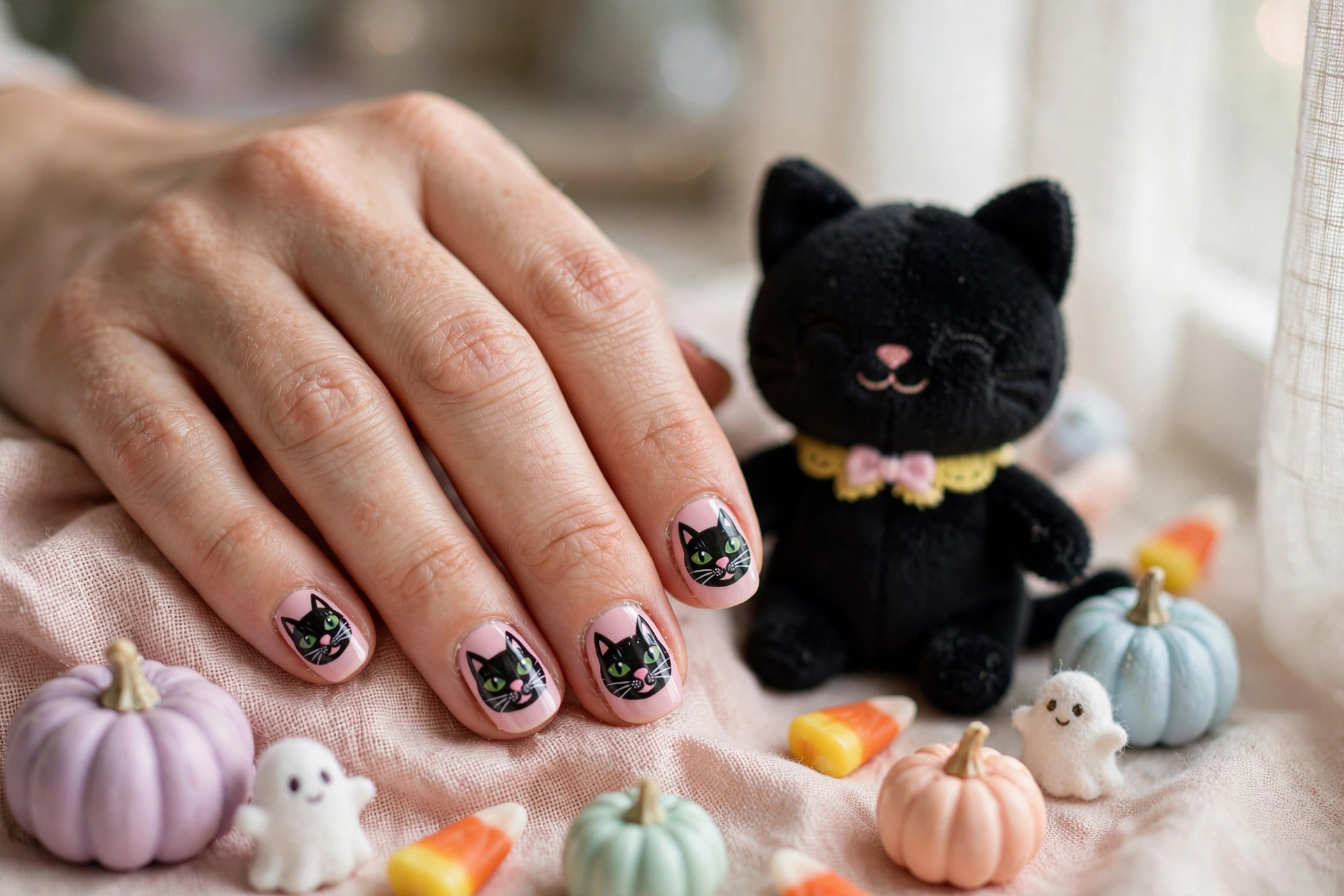 Black cat faces cute Halloween nail designs with cat faces on pastel pink nails