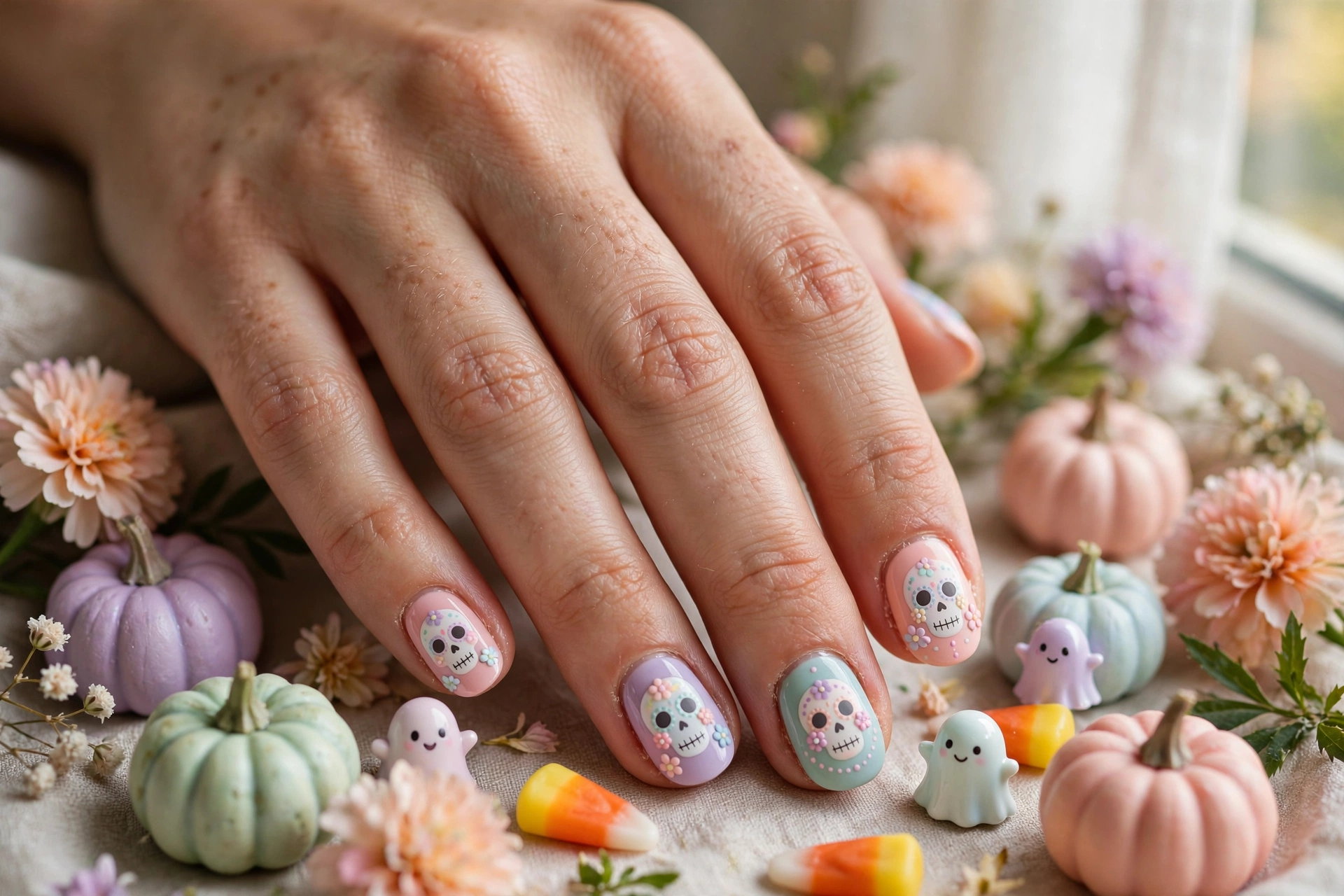 Pastel sugar skulls cute Halloween nail designs with cute skull faces and flower details