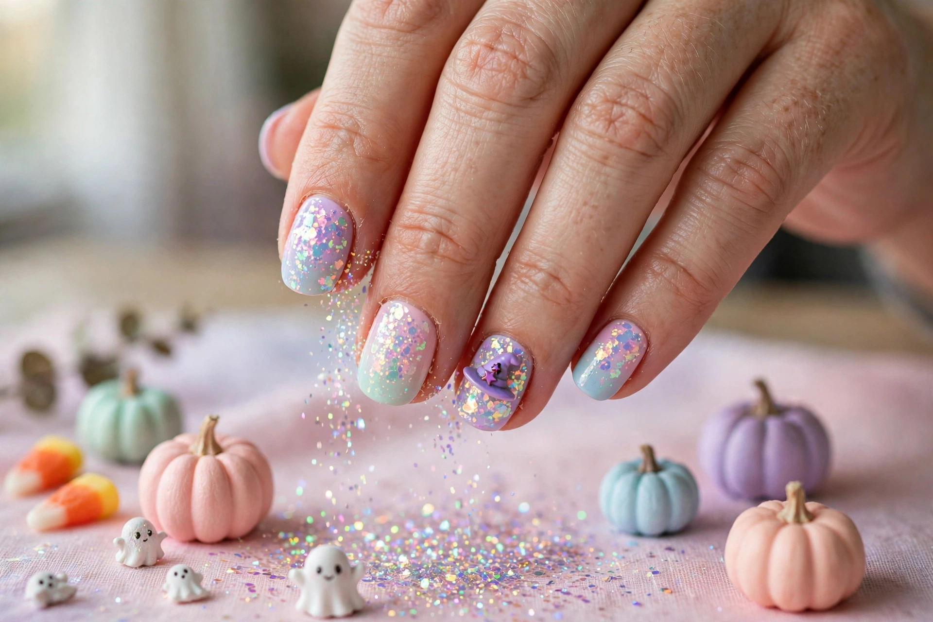 Glitter witch sparkle cute Halloween nail designs with holographic glitter on pastel gradient nails