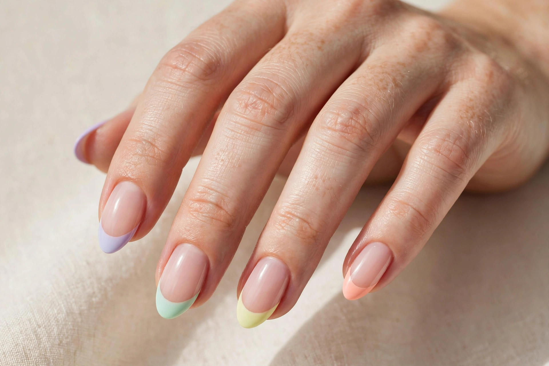 Pastel rainbow French tip cute nail design on almond-shaped nails
