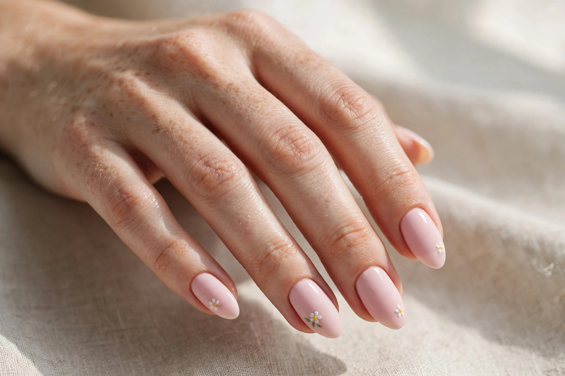 Tiny white daisy flower nail art on pastel pink cute nails