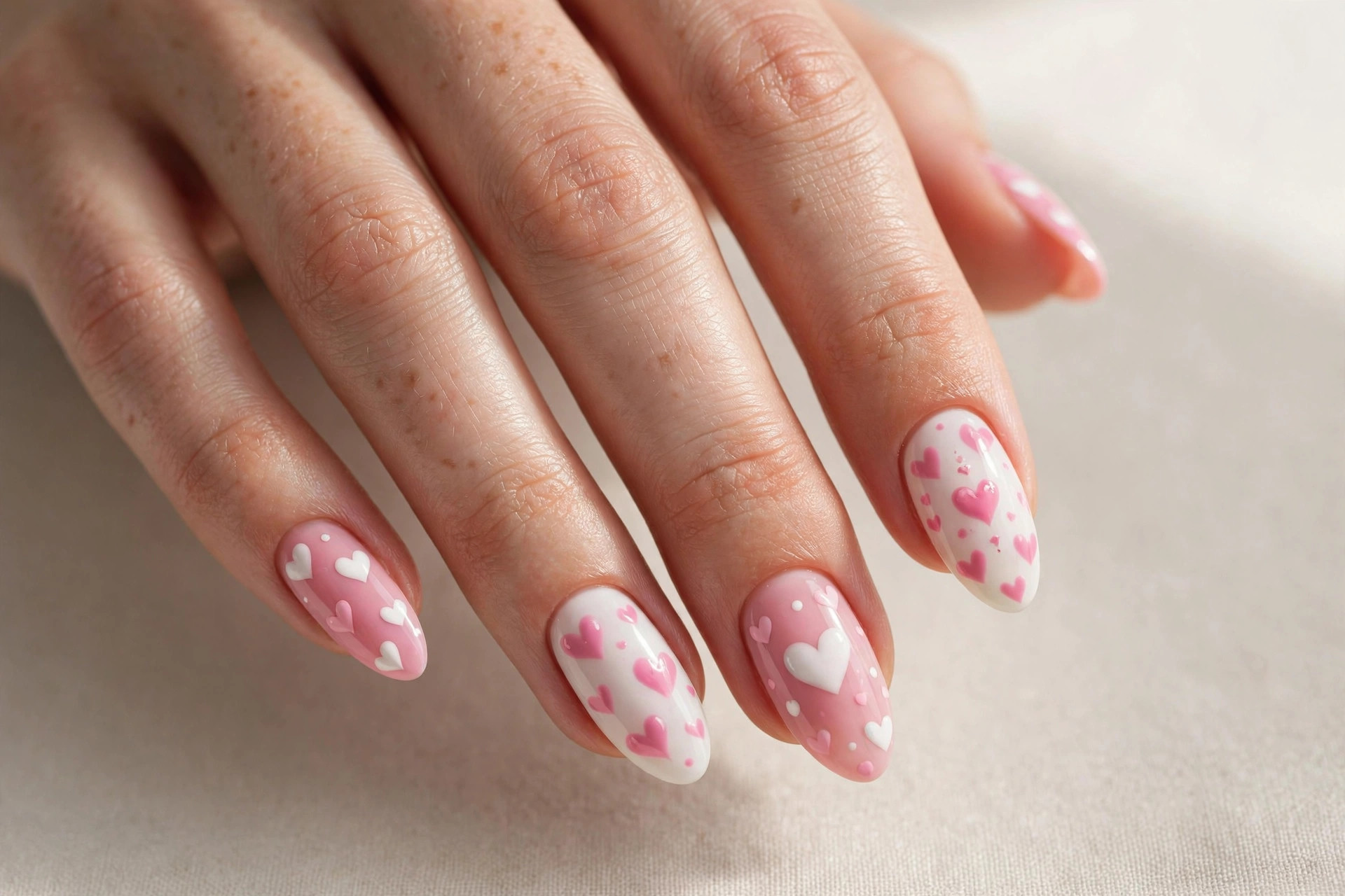 Pink and white heart nail art on a cute manicure
