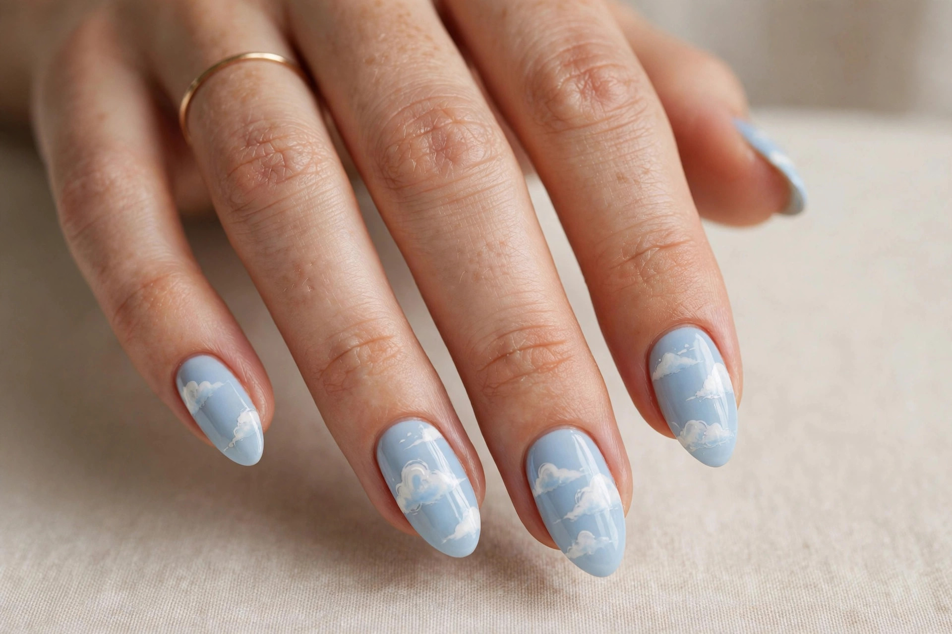 Baby blue cloud nail art on a cute almond manicure
