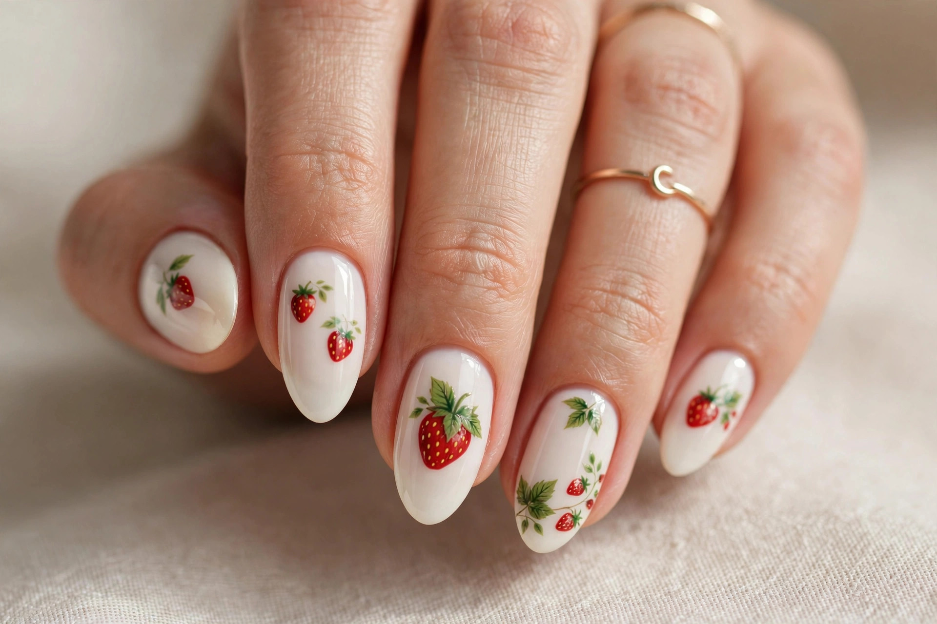 Cute strawberry nail art with red strawberries on a creamy white manicure