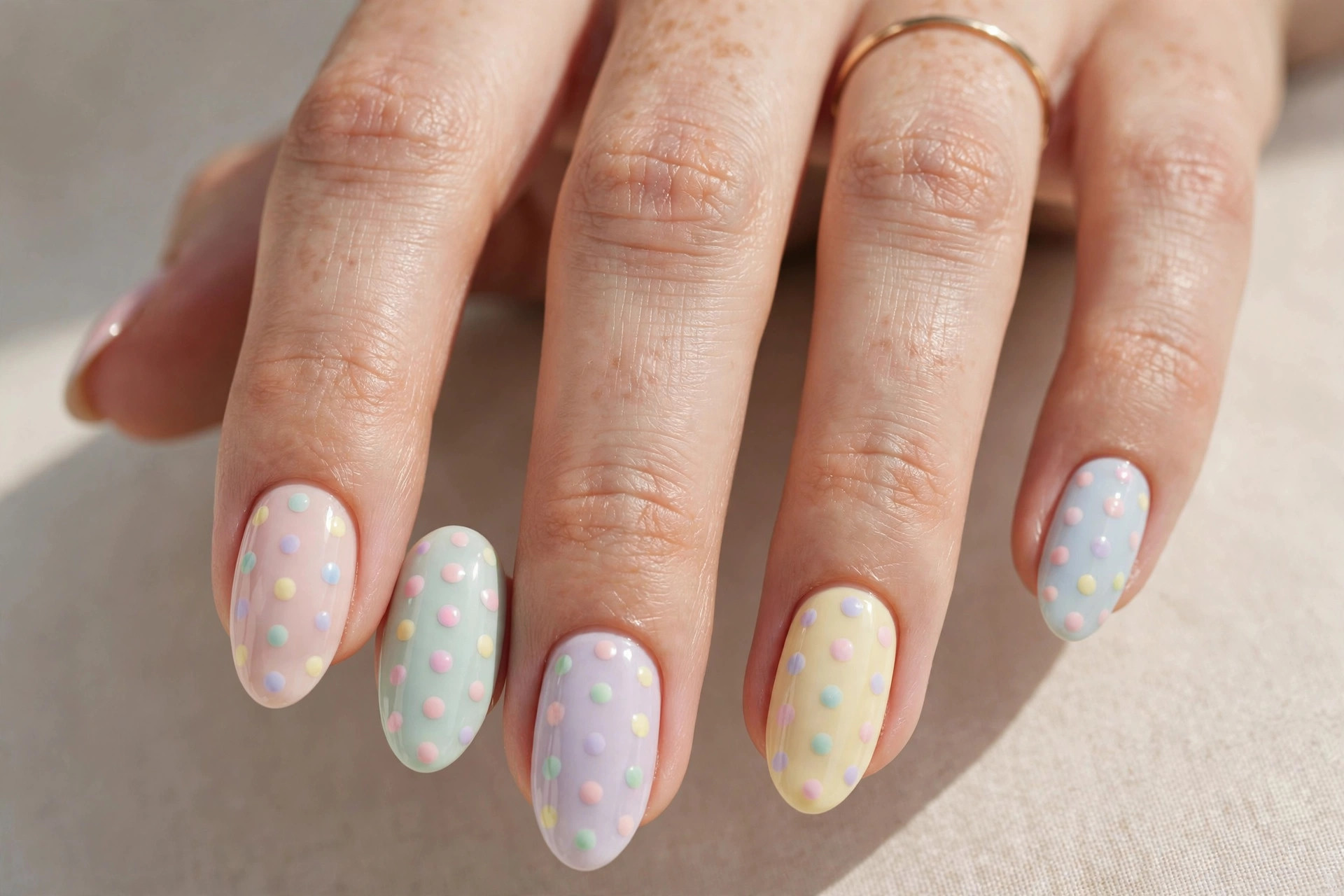Pastel polka dot cute nail art on almond nails