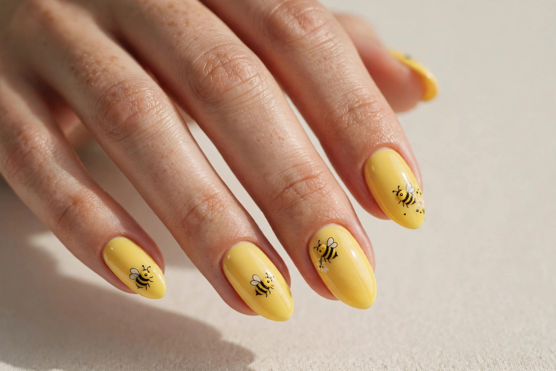 Cute bumblebee nail art on a sunny yellow manicure