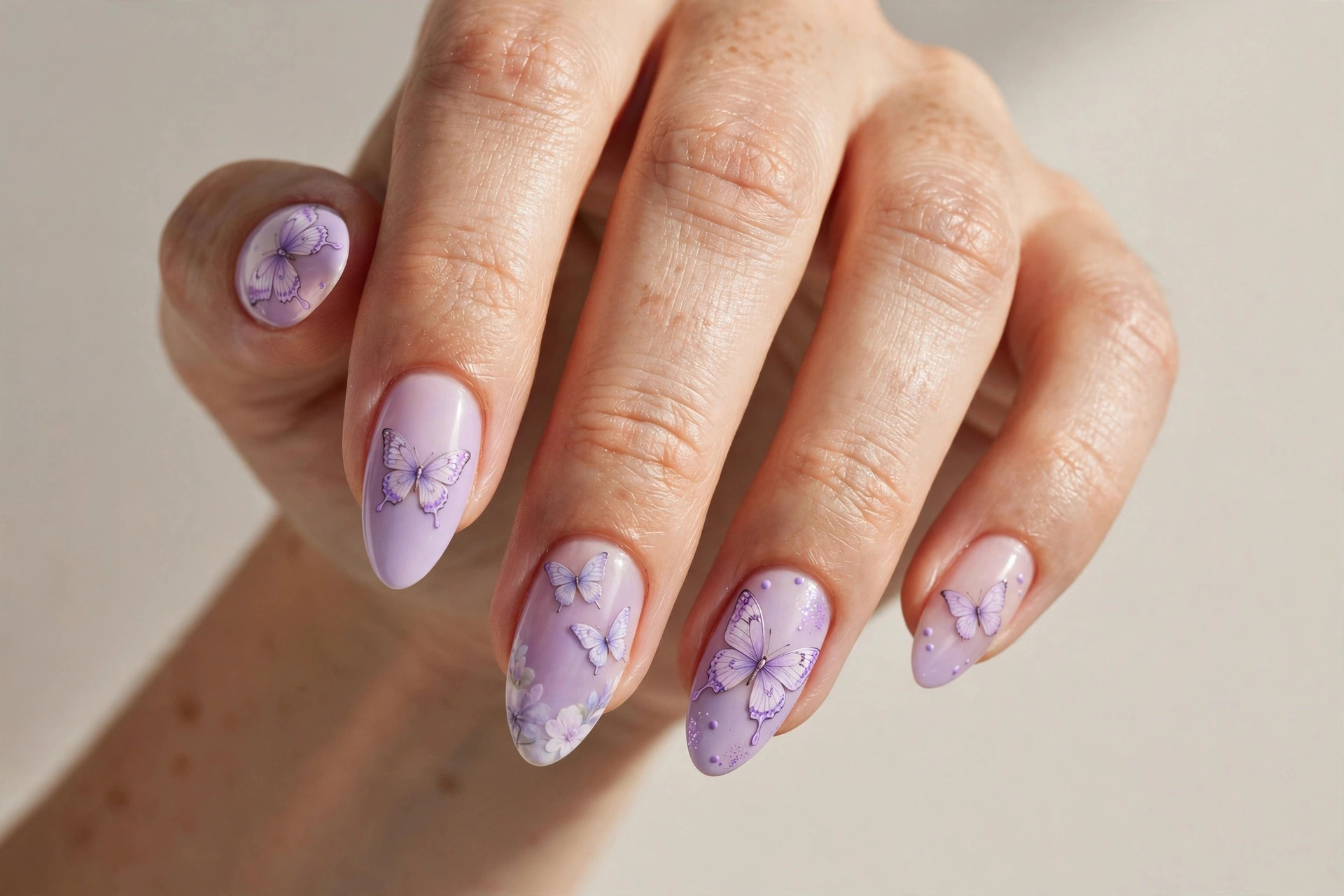 Lavender butterfly nail art on a cute manicure