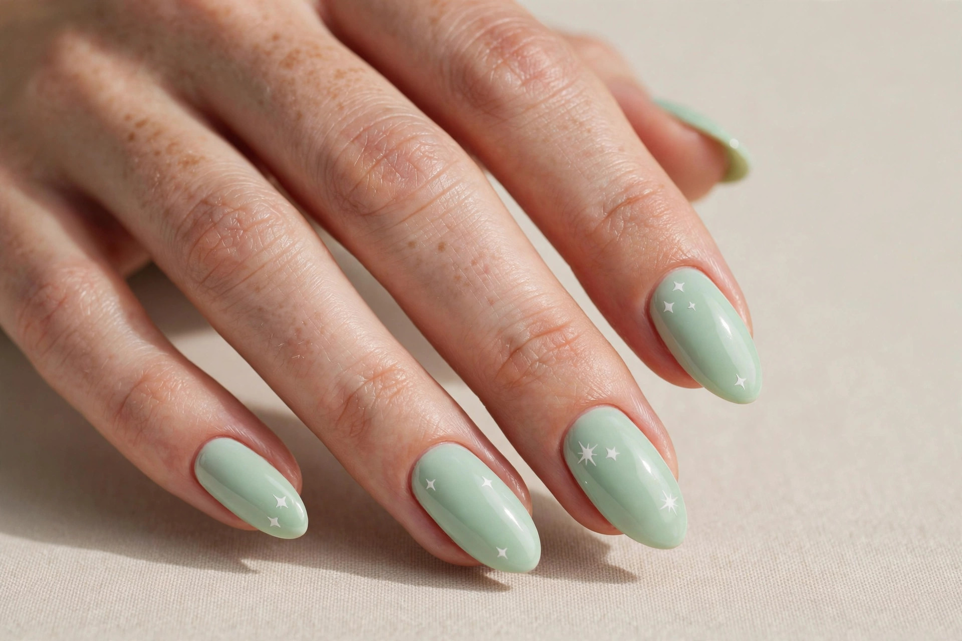 Mint green manicure with tiny white star nail art