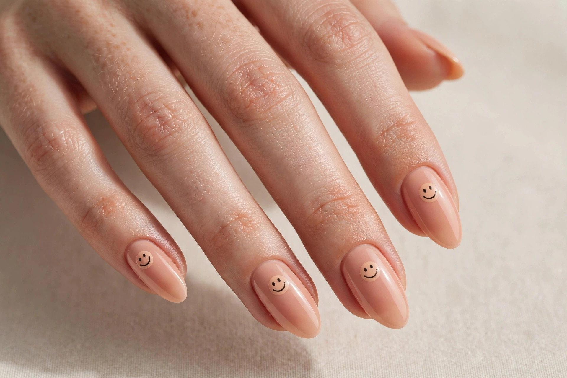 Peachy nude manicure with cute tiny smiley face nail art