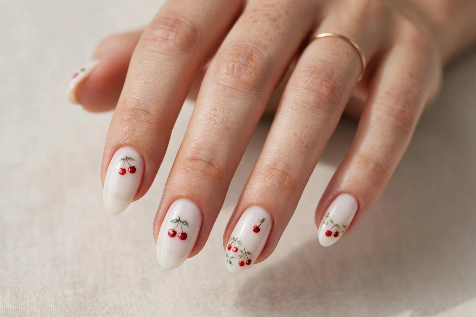 Cute cherry nail art on a milky white manicure