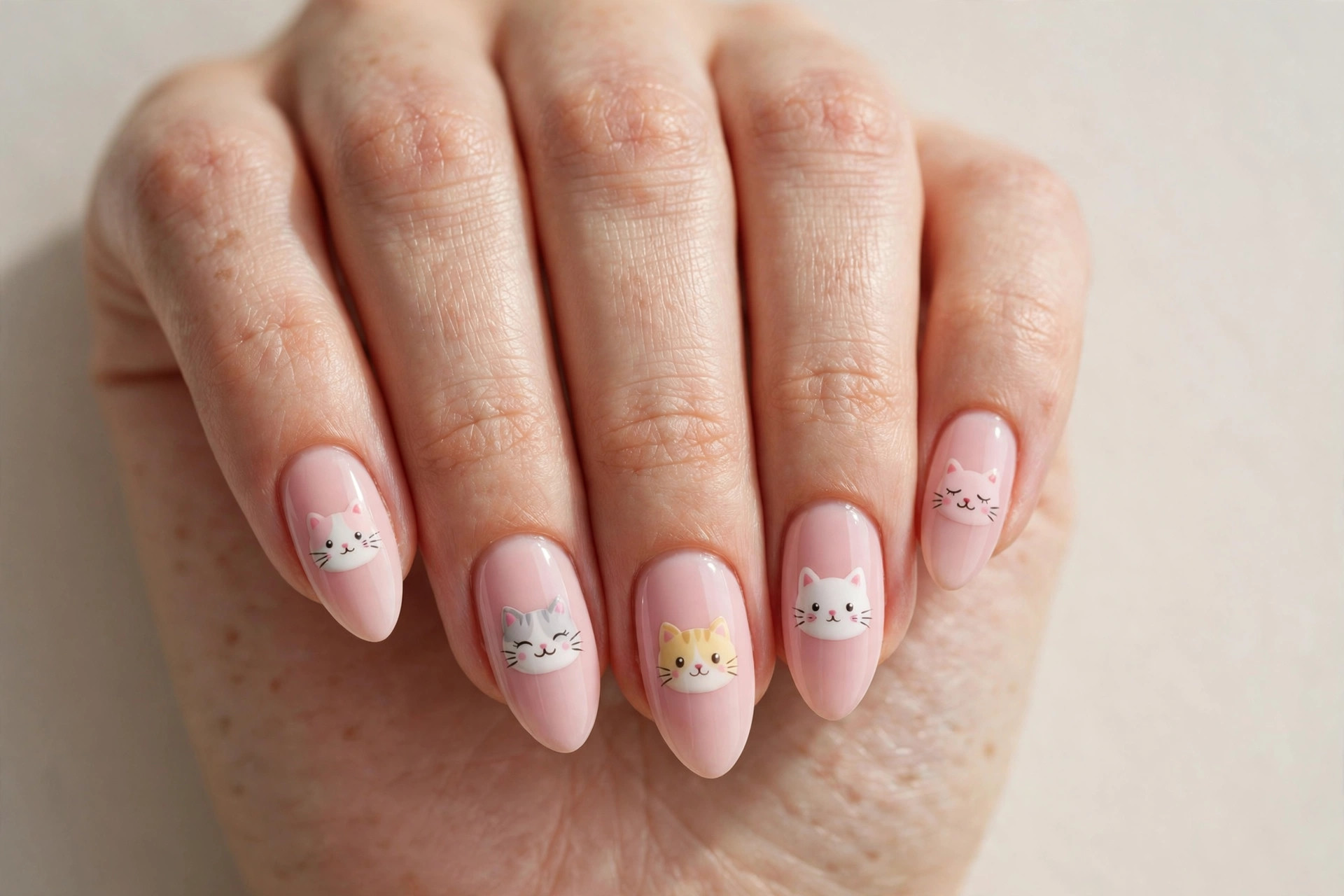 Cute cat face nail art on a soft pink manicure