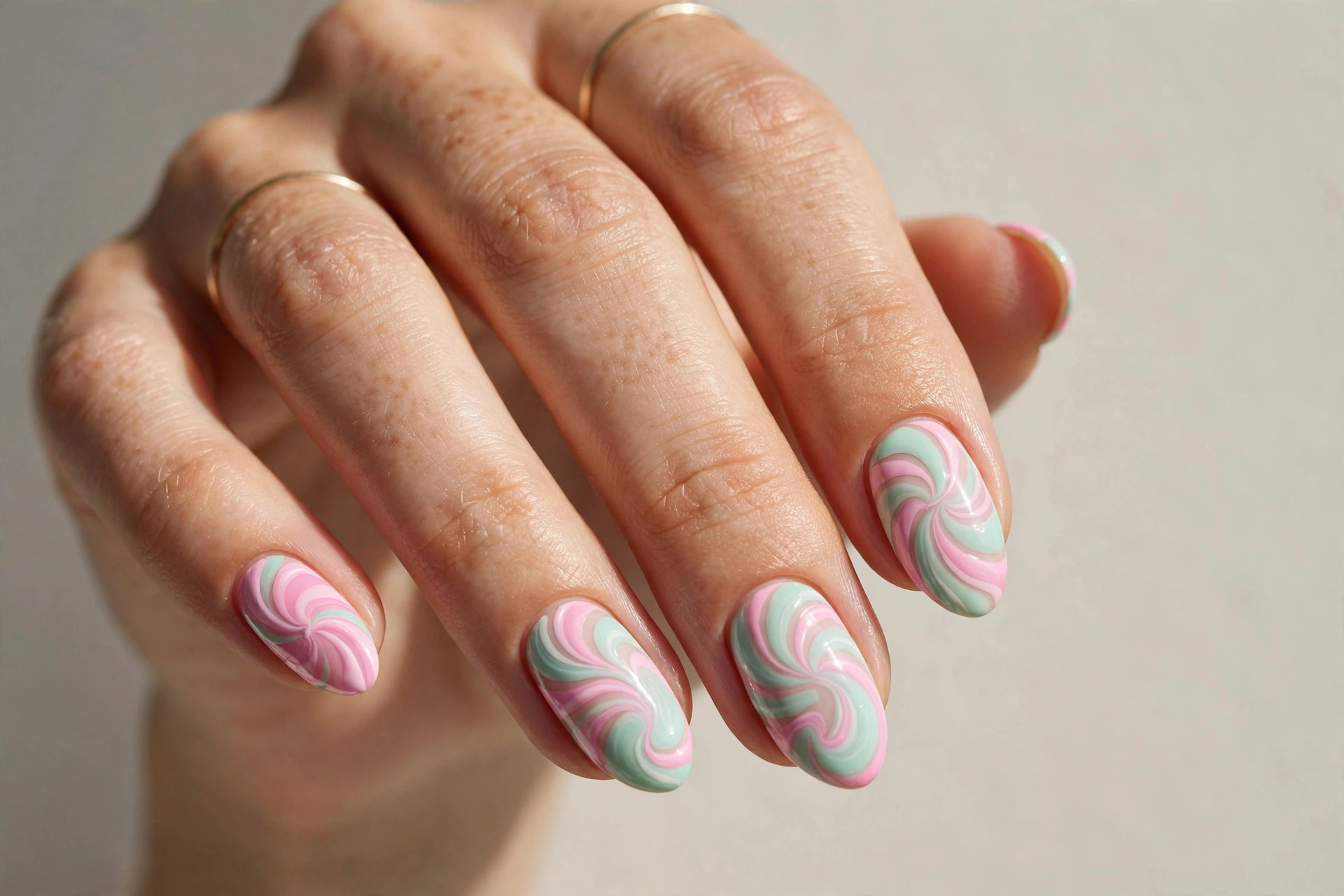 Pastel candy swirl nail art in pink and mint