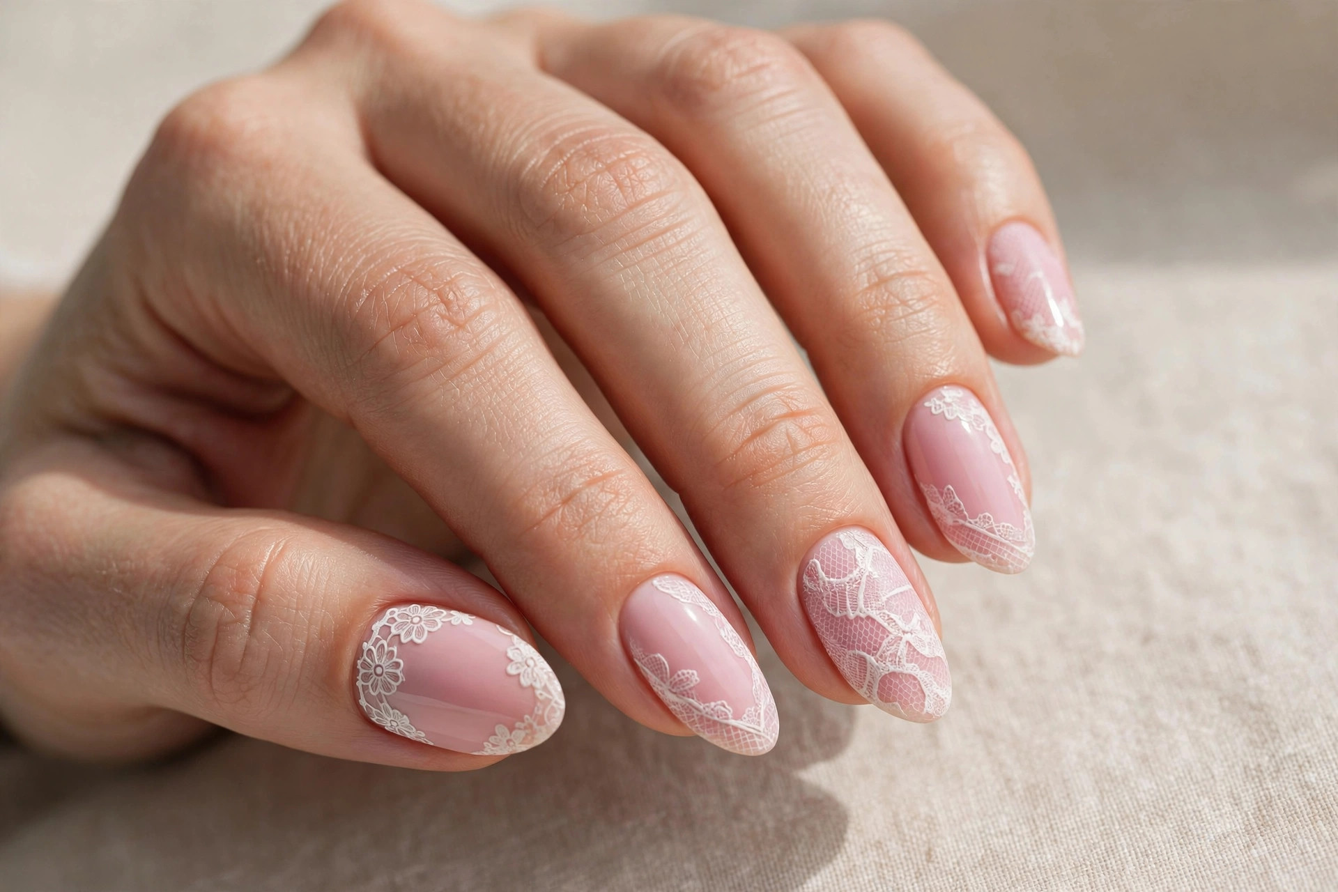 Baby pink manicure with delicate white lace nail art
