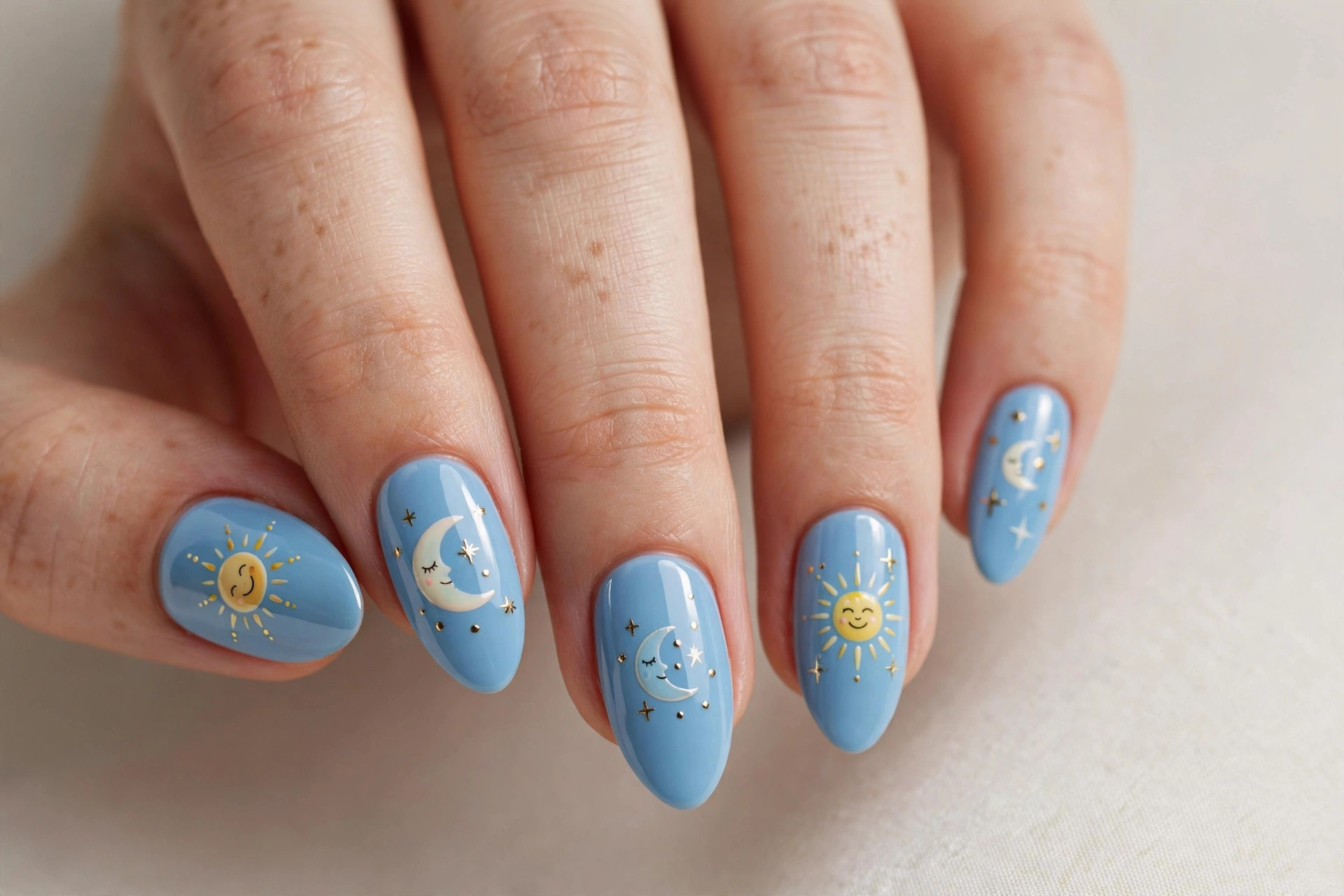 Cute sun and moon nail art on a sky blue manicure
