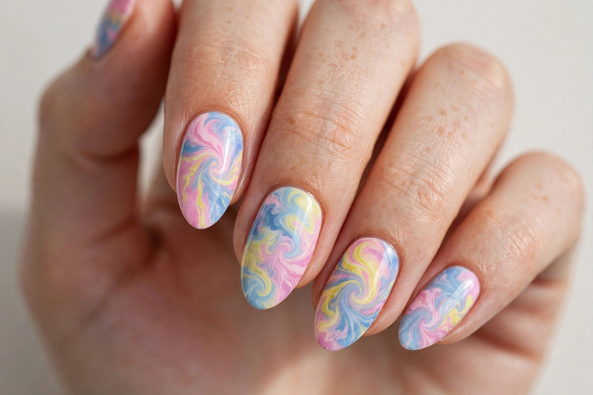 Pastel tie-dye nail art in pink blue and yellow